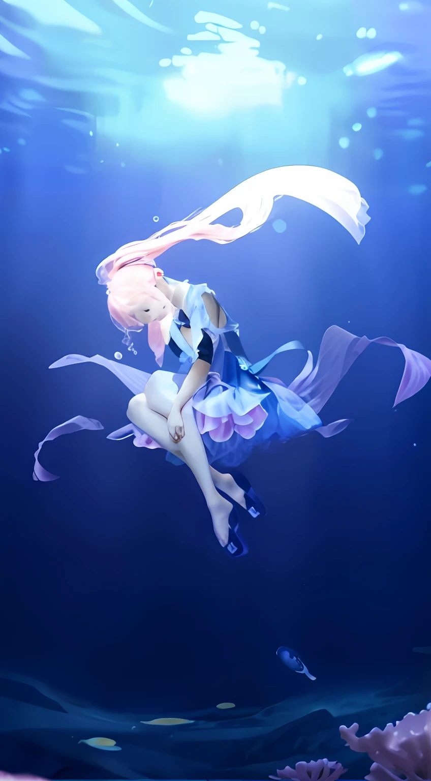 Girl floating in water in blue dress, Curled up girl,elegant floating pose, A pink-haired,cinmatic lighting,Masterpiece, Super detail, High quality, High details, A high resolution, 4K, Award-Awarded,Pink jellyfish,The corals,water bubbles,Small fish,Cinematic lighting, shadowing, filmgrain, Artistic portrait of a girl