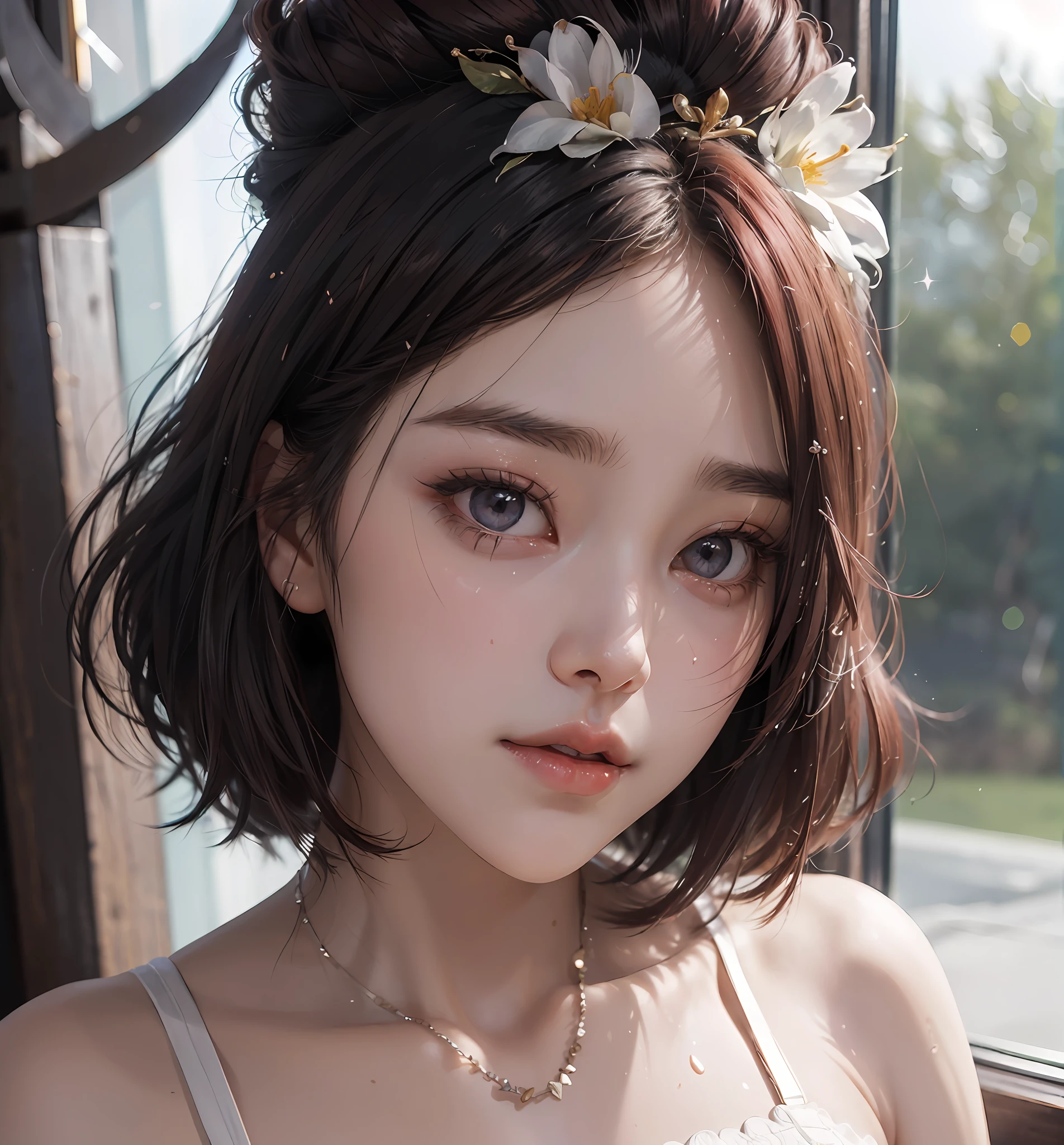 (Masutepiece: 1.3), (maximum resolution: 1.2), (Ultra HDTV: 1.2), cinematic lighting, 8K resolution, Eye and skin detail, detailed facial features, , ( Sharp focus: 1.2), (Face focus: 1.2) , Perfect style, Beautiful, sharp face, Anatomically accurate, Highly detailed facial and skin structure, Eye detail , Double eyelids, Thin eyebrows, Glitter eyeliner: 1 Natural cheeks, Glossy skin, White skin: 1.2, (Lip gloss: 1.4), 、(Shy look: 1.2), Skin texture and detailed face, Detail eyes, Double eyelids, Natural cheeks, , Glossy lips: 1.4, Protruding cleavage、(Large sperm count in breast: 1.4) (Large sperm count in thighs : 1.2)、blushing、shy、impatience、disappointed、Fear glaredembarrassed、Open knees、open legs、Masturbation behavior、chest stroking、White underwear、White bra、Flowers shiny little necklaces and ears Long socks、Sweating thighs、Transparent underwear、 20 years old, Neat and clean women、Red hair、color hair、Short hair, Big boobs, upturned, Floor sitting , Bedroom、(Perfect maid outfit: 1.5)、white short hair