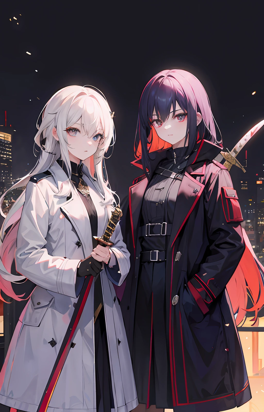 2girls，nightcity，Sateen，coat large，Put one hand in your pocket，Sword in one hand，Dragon horns