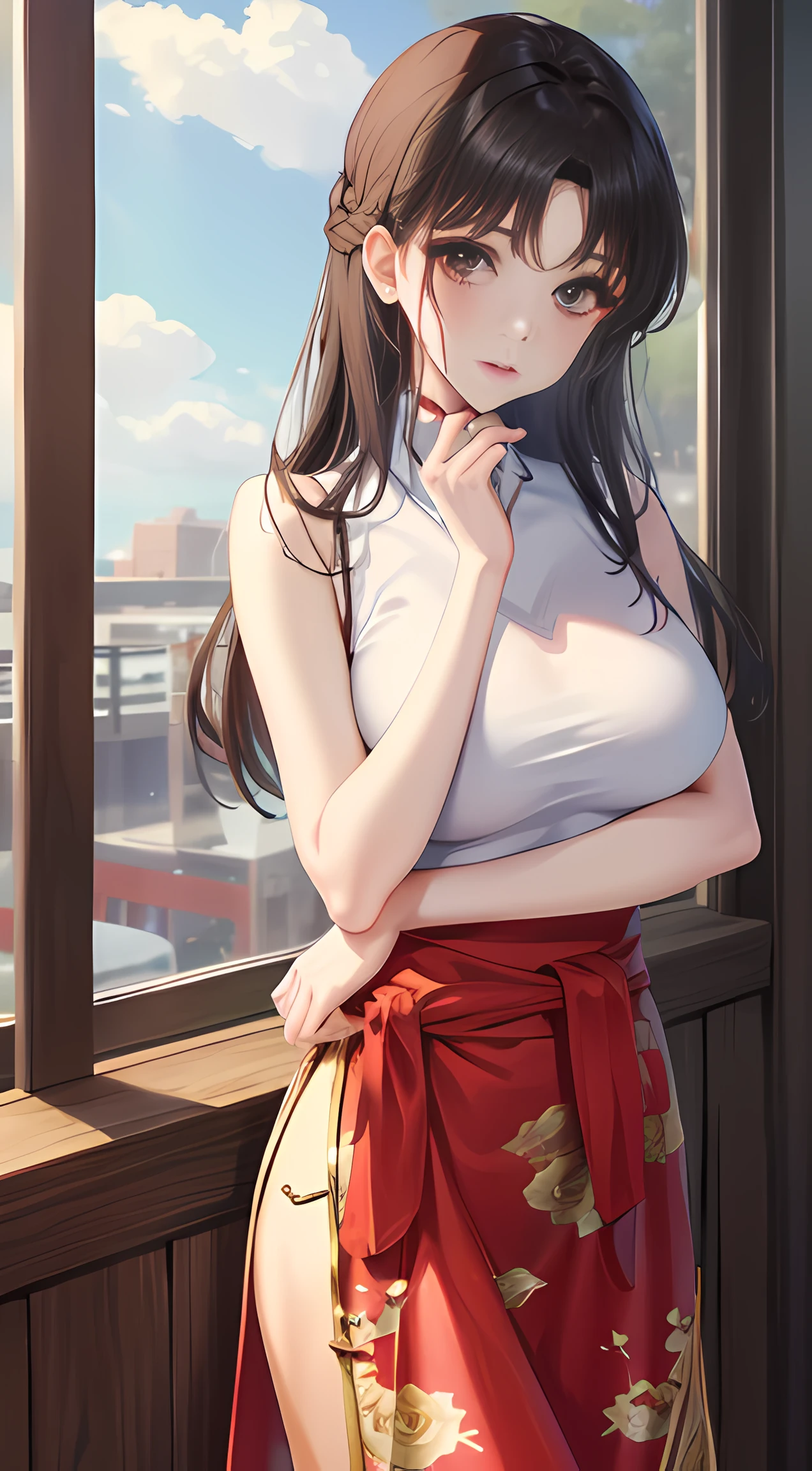 1 girl, Long hair, Black hair, Cheongsam, Brustwarzen ，（ Big breasts）, Thin waist，（doubt：1.5），（pondering），Hands on the waist， Red lips, Directly to the camera, （Rustic）, Game CG，Best quality ，8K