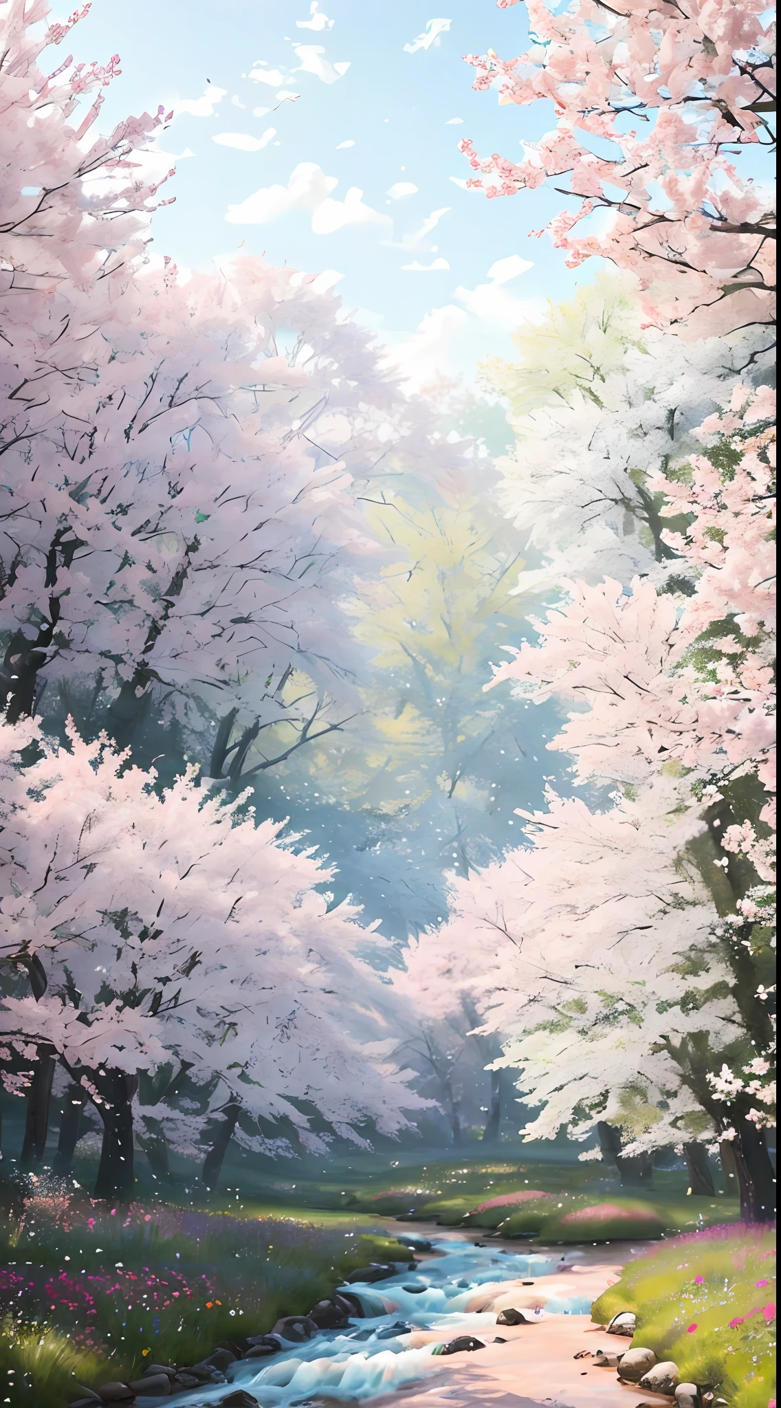 The sunny meadows are filled with wildflowers of all colors, Surrounded by tallness, Lush pink trees,New leaves, The breeze blows through. In the distance, there is a stream flowing, Masterpiece, Best quality, High quality, Extremely detailed Cg Unity 8K wallpaper, oil paiting, award winning photography, Bokeh, Depth of field, hdr, full bloom, color difference ,Photorealistic,Extremely detailed, trending on artstationh, trending on CGSociety, Intricate, High detail, Dramatic, art by midjourney