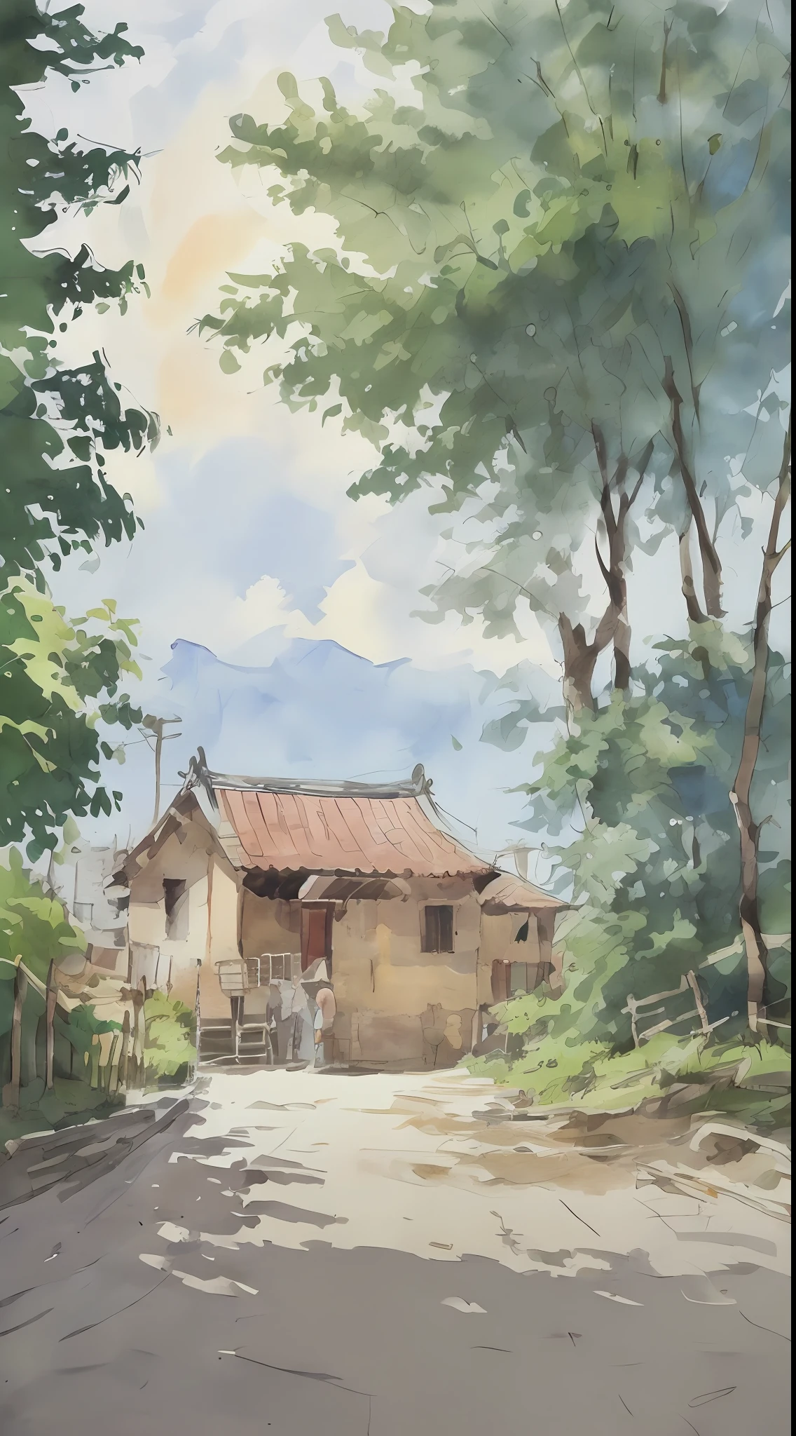 Watercolor painting, small path of Chinese rural houses, trees, bright sun, shade,