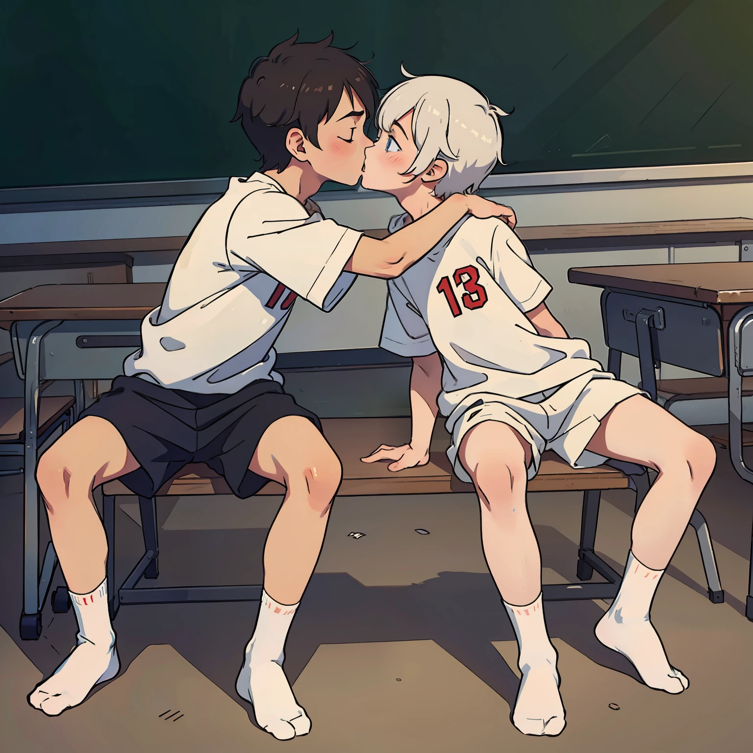 Shota, 2guys,without wearing shoes, White socks, Sports wear(rot, blanche), Classroom, kiss, tmasterpiece, k hd