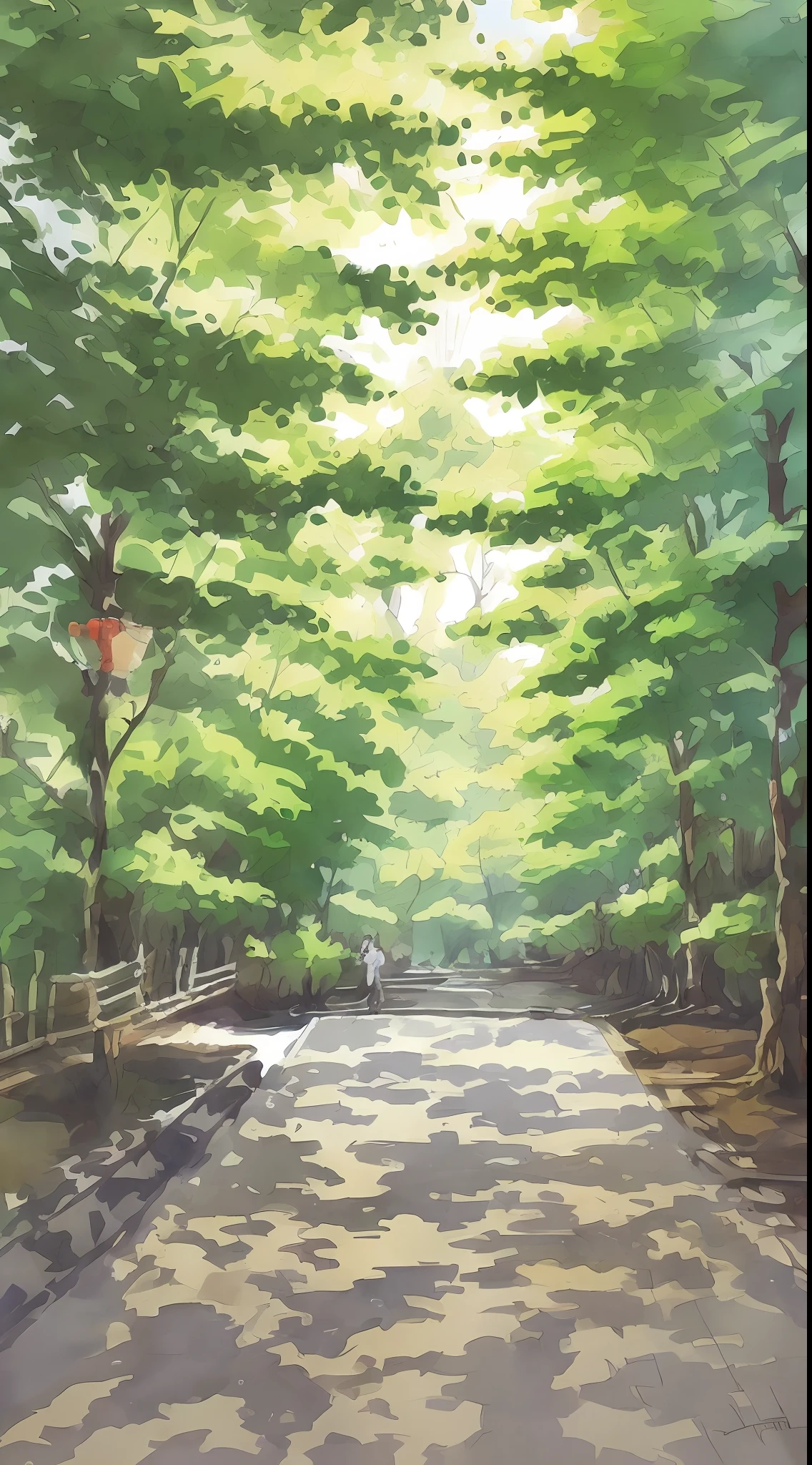 Watercolor painting, small path of Chinese rural houses, trees, bright sun, shade,
