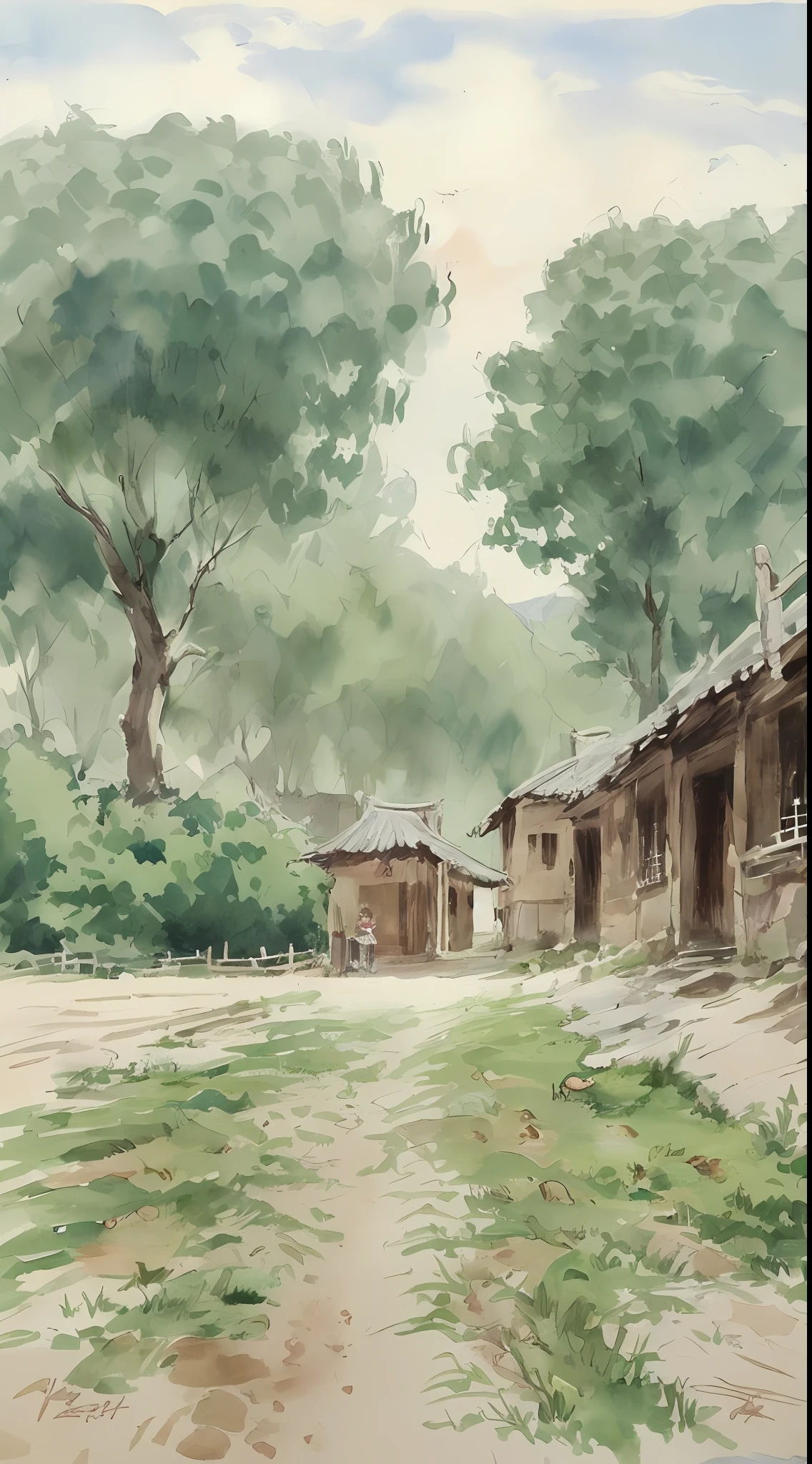 Watercolor painting, small path of Chinese rural houses, trees, bright sun, shade,