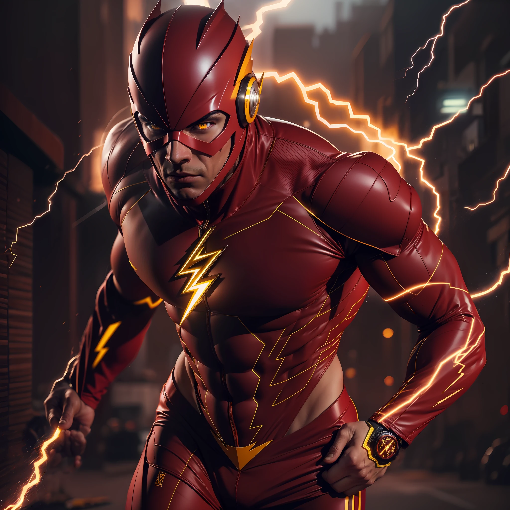 The Flash,Best quality grade,A high resolution, Tall, Muscular, hunk, White plate and scarlet neon set, Large glowing yellow eyes, Stand in a strong position, Yellow lightning track, Detailed face, Detailed suit, Ultra detailed, Masterpiece, Light tuning in the background, 4K, RAW photo, Low camera angle,Virtual engine rendering,Sprint cyberpunk flash , Summon masks, glowing bright yellow eyes, body builder, jogging, urban in the background, lightning in sky, Hyper-detailing, hyper realisitc, cinematic ligh ,rendering by octane, 16k,salama,The body is surrounded by lightning,Zack Schneider film style,Detail portrayal,Metallic