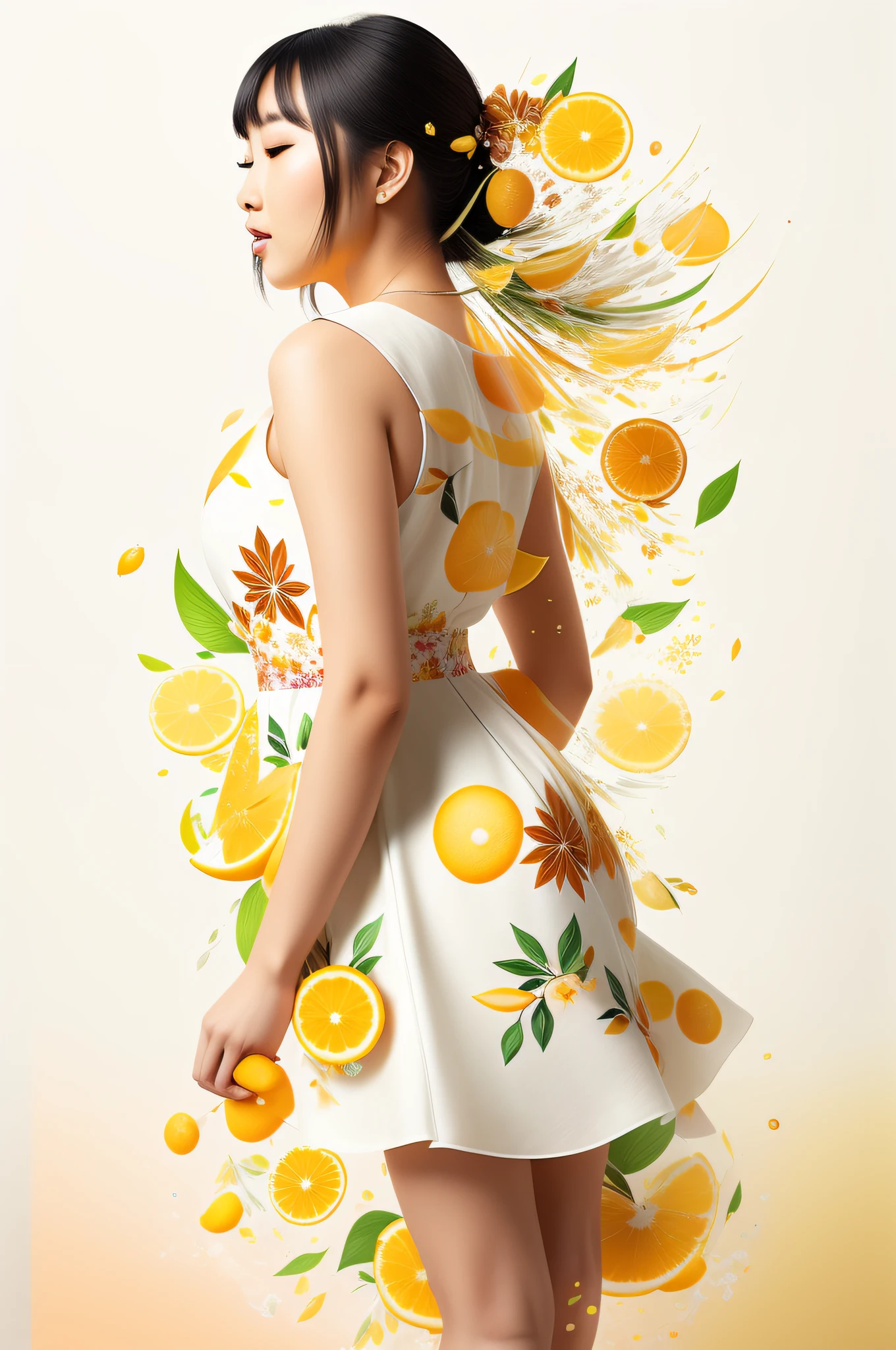 Beautiful Asian woman wearing a floral white dress, citrus fruits flying around, rainbow orange highlights, background of assorted citrus fruits, splashes of orange juice, sideview, textured, photo realistic, 12k quality