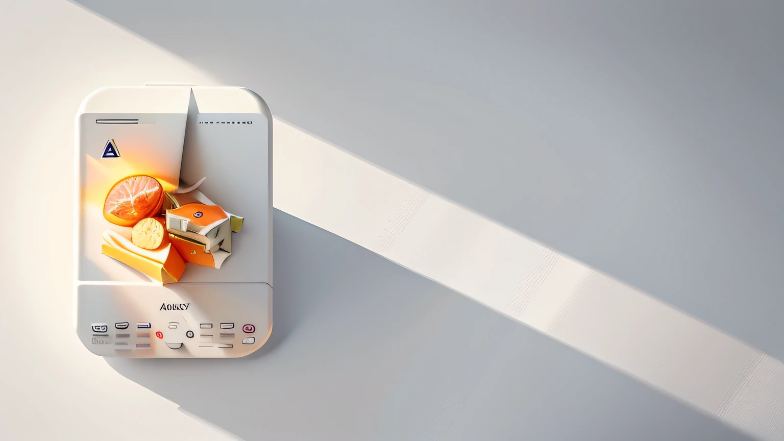 Air fryer placed on a marble table,Top-down view,Off-white style kitchen,(kitchens:1.5),Wooden cabinets , Chiaroscuro, hyper HD, 8K, Best picture quality ,realisticlying,Foto realism,cupboard,Lens perspective blur,Bright lights,Realistic lighting