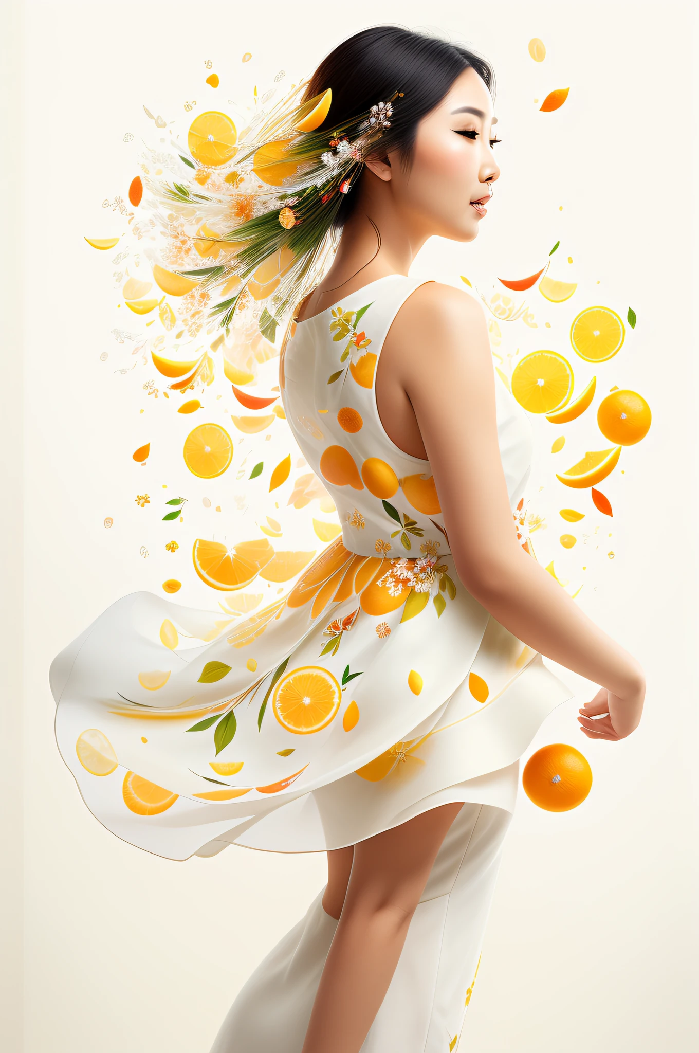 Beautiful Asian woman wearing a floral white dress, citrus fruits flying around, rainbow orange highlights, background of assorted citrus fruits, splashes of orange juice, sideview, textured, photo realistic, 12k quality