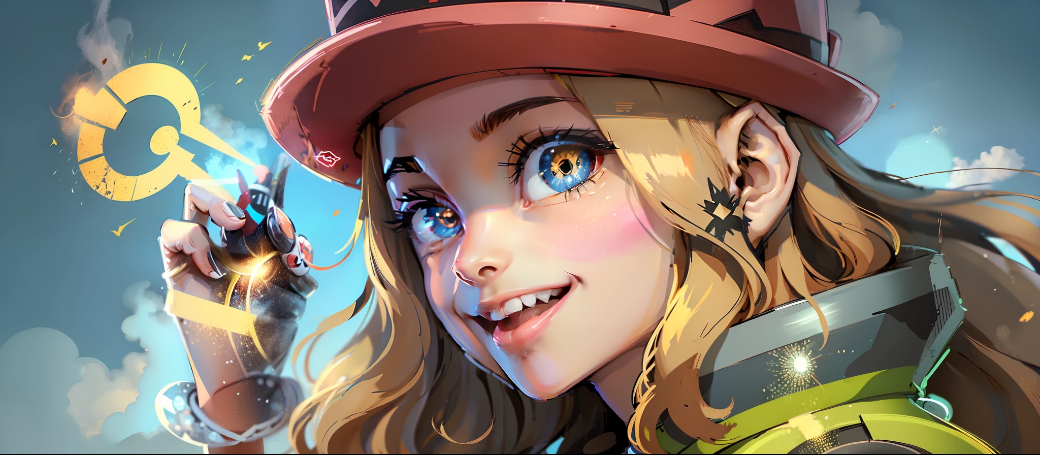 Create a background with a girl in a cap, apontando o dedo para acima e sorrindo, o fundo de onde ela estar tem o simbolo da pokebola, Pokémon world, estilo anime