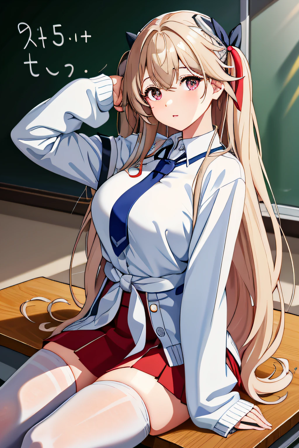 best quality masterpiece, AnchorageV4, 1girl, solo, looking at viewer, skirt, shirt, thighhighs, ribbon, sitting, school uniform, hair ribbon, white shirt, necktie, shoes, white thighhighs, official alternate costume, sleeves past wrists, red skirt, cardigan, desk, classroom, chalkboard, uwabaki, on desk,