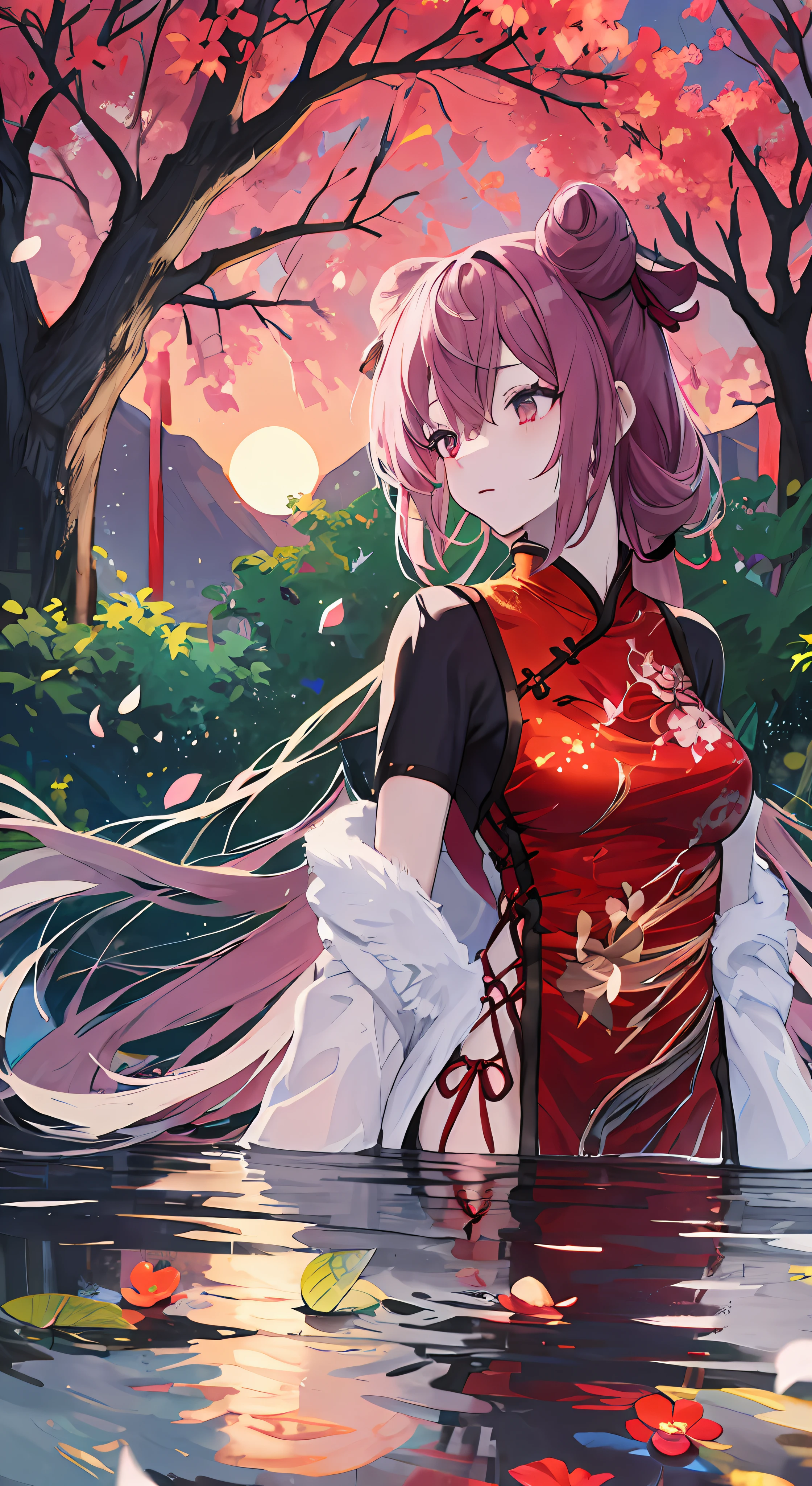 top-quality, Ink painting style, Fresh and elegant, Clear lake, orthofacial,Cute and shy,The cherry blossoms set as the sun sets,black color hair, White cheongsam simple pattern girl, Ride the flower wind to blow your head, A forest dotted with green leaves, Birds sing happily, A poetic scene