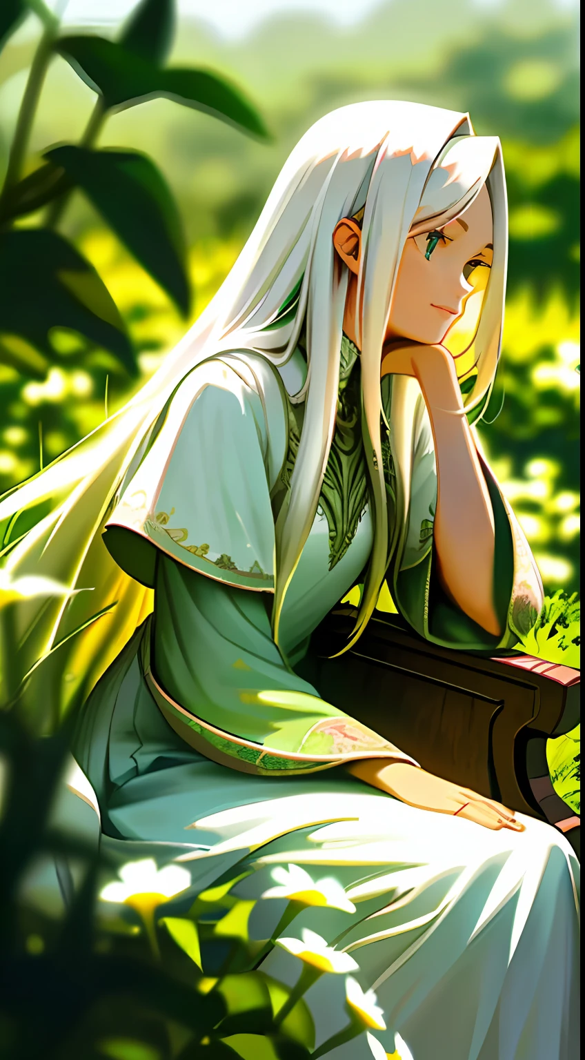 (masterpiece, best quality),1girl with long white hair sitting in a field of green plants and flowers, her hand under her chin, warm lighting, white dress, blurry foreground