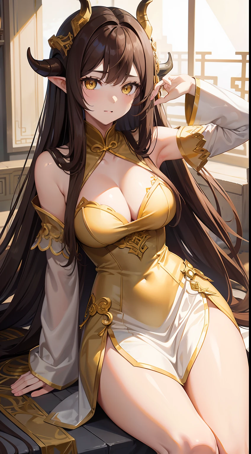 Tall girl, Long brown hair, dragon horns, Yellow eyes, white chinese dress, Gold inserts, open thighs, neckline on the chest, Masterpiece, hiquality