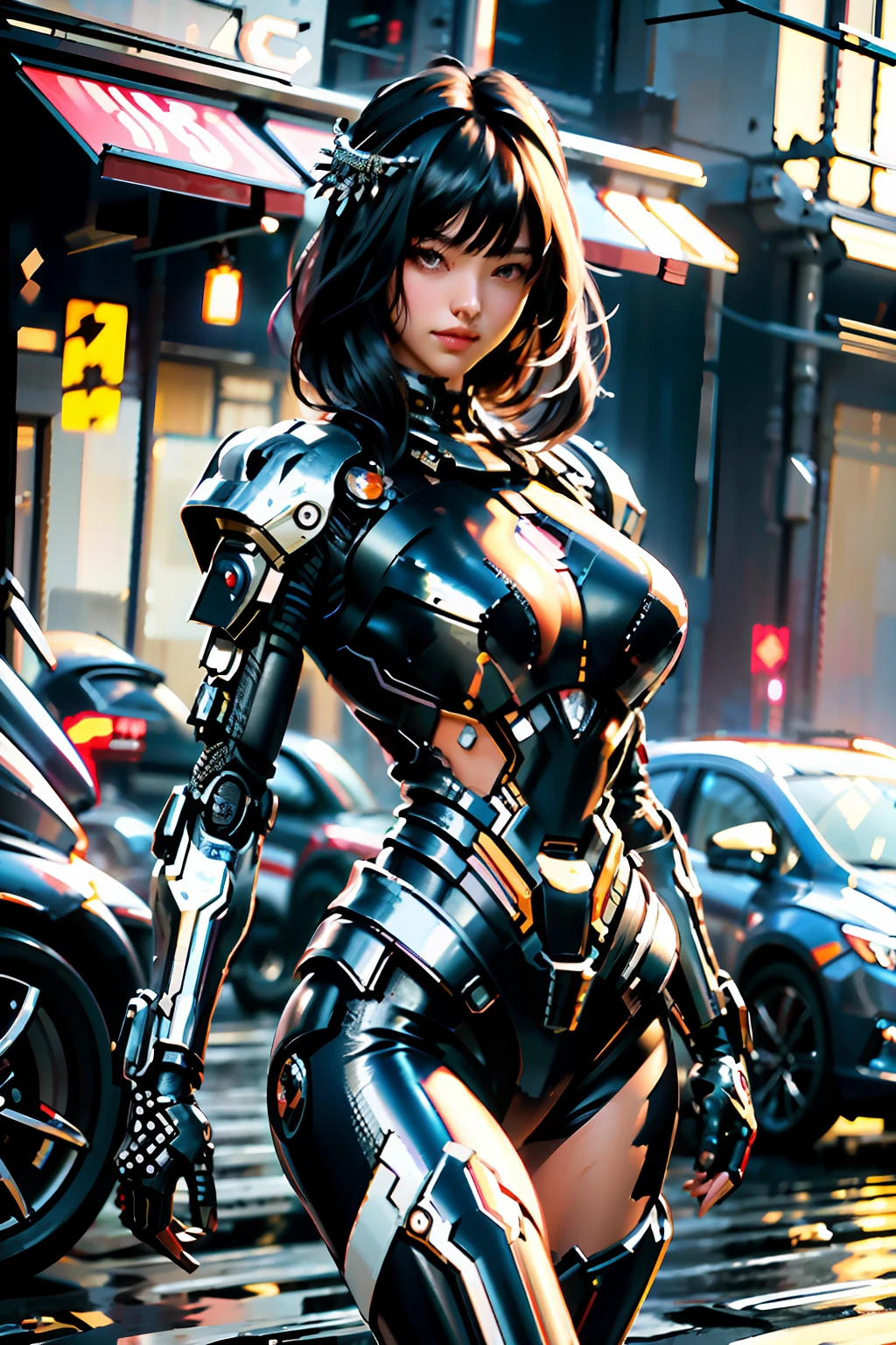 Best quality, masterpiece, ultra high res, raw photo, beautiful and aesthetic,deep shadow, dark theme,(photorealistic:1.4),
(1girl, smile, (black hair with bangs, hair ornament),black ThighHighs), mecha,full silver armor:1.2, cyborg,
Graceful poise, evocative atmosphere, magnetic presence, refined seduction, captivating mystique,
Intricate zentangle patterns, a single female figure, astonishing level of detail, generously endowed, striking perspective, a chaotic masterpiece, gracefully poised, inspired by brutalist architecture, vibrant color palette, undertones,
(outdoors cyberpunk city)