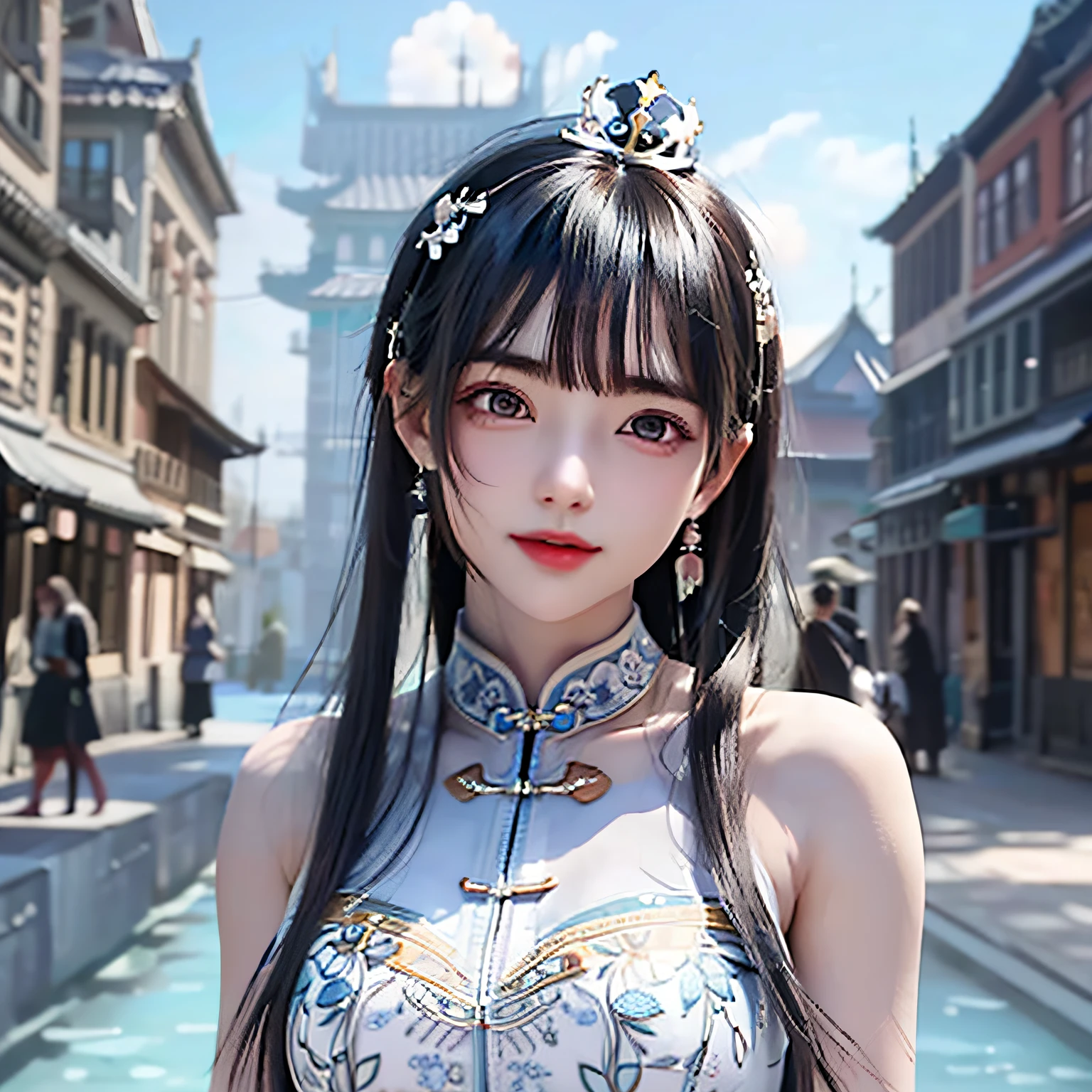 There was a woman in a blue dress,Wear a tie, Palace , A girl in Hanfu, a beautiful fantasy empress, gorgeous chinese models, Chinese style, Guviz-style artwork, cute elegant pose, ((a beautiful fantasy empress)), Chinese girl, Cheongsam, style of wlop, trending on cgstation, author:Fan Qi(PureErosFace_V1: 0.5), (Ulzzang-6500: 0.5), Masterpiece, Best quality, (((Face the lens)),high resolution, Super detailed, (Original photo, Best quality), (Realistic, Realistic: 1.2), Highly detailed, Solo, 1girll, Blue eyes, White skin, Black hair, view the viewer, (Bare shoulders: 1.5), Blue wooden door, Red maple forest, (Silver and cyan clothes: 1.5), (Detailed beautiful face, detailed skin textures, super detailed body: 1.1), There are a lot of decorations on the clothes, intricate headpiece, (crown:1.2), (There are a lot of feather decorations on the head: 1.5),(Backlight:1.2), (Refined face: 1.5),