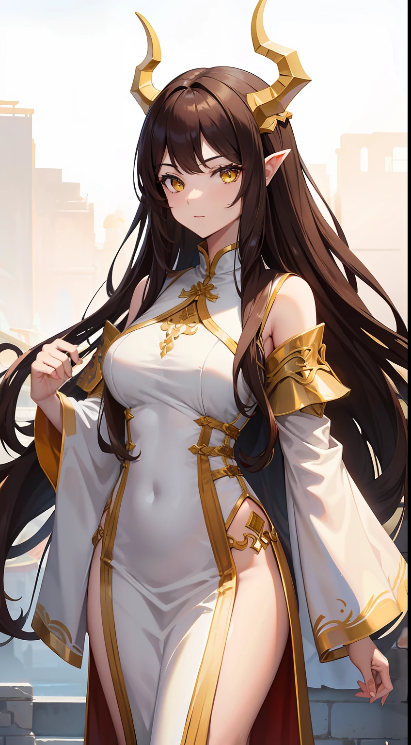 Tall girl, Long brown hair, dragon horns, Yellow eyes, white chinese dress, Gold inserts, open thighs, neckline on the chest, Masterpiece, hiquality