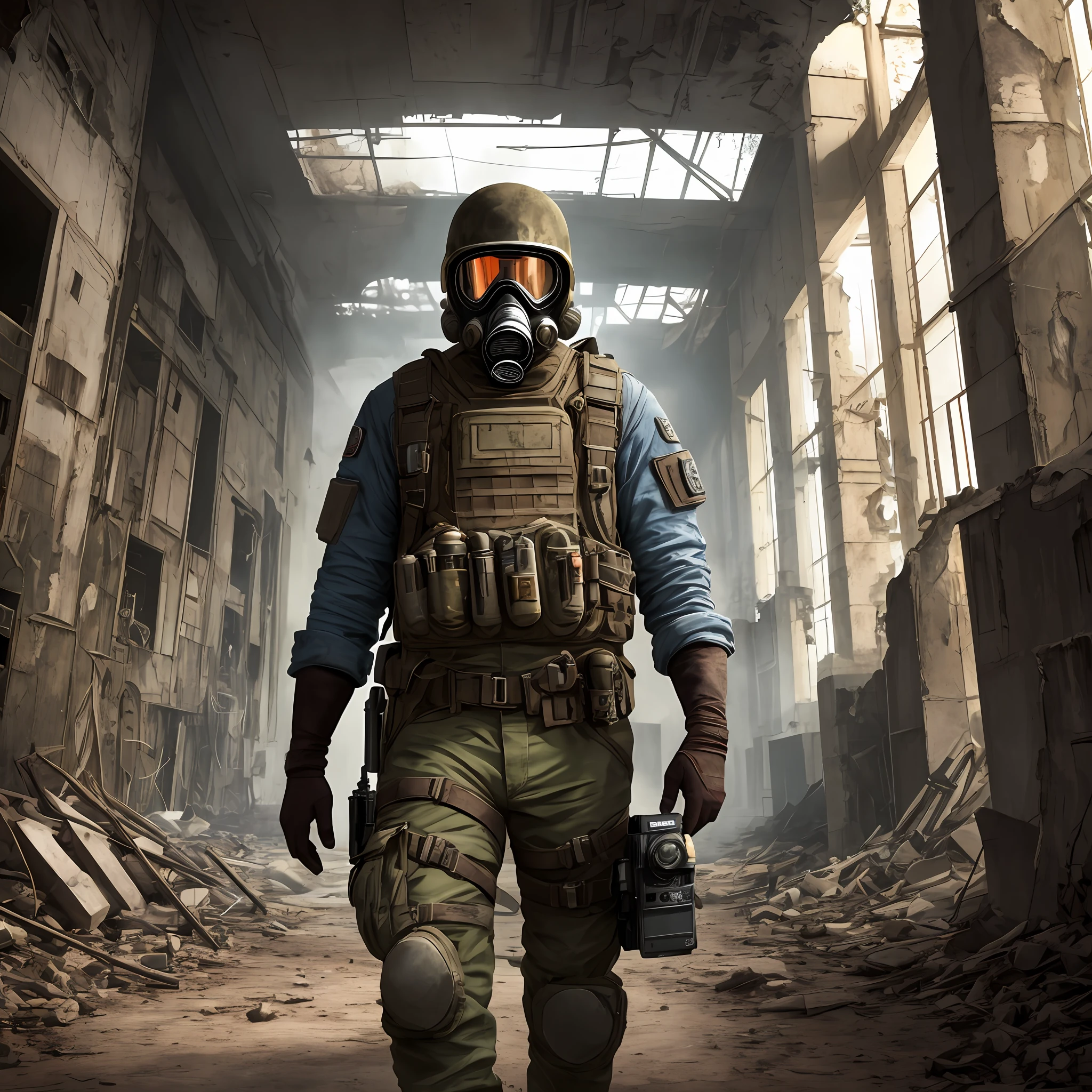 full shot, one male raider in a protective suit and gas mask walks through the ruins of a nuclear power plant, front camera view, high detail, clear focus, dramatic light, post-apocalyptic atmosphere, hdr, 32k, dslr camera, joe bussenik style -- ar 5:4 --auto --s2