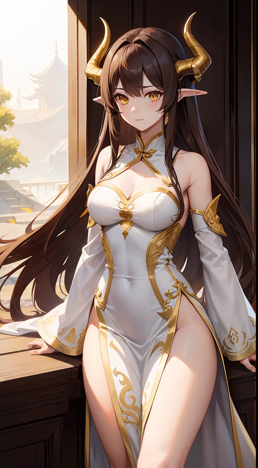 Tall girl, Long brown hair, dragon horns, Yellow eyes, white chinese dress, Gold inserts, open thighs, neckline on the chest, Masterpiece, hiquality