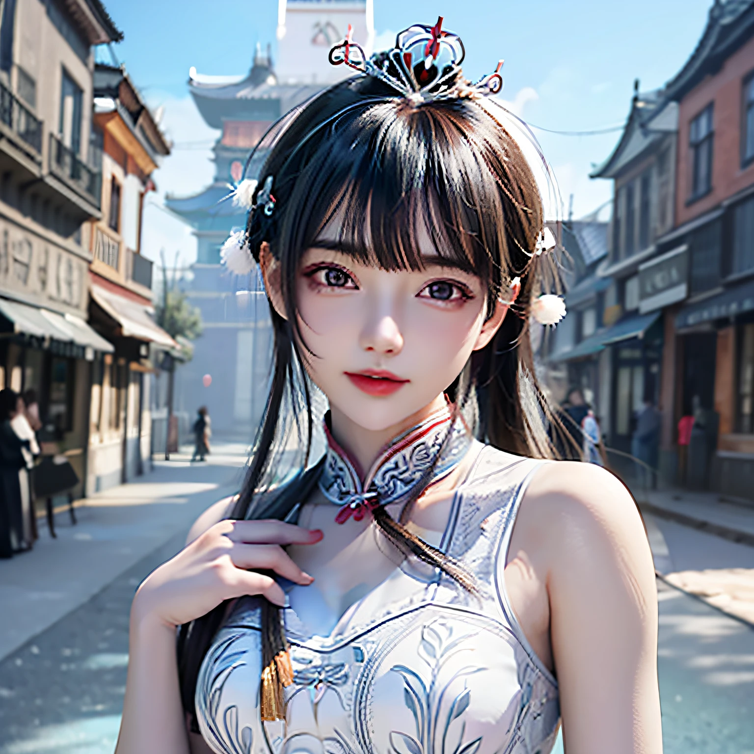 There was a woman in a blue dress,Wear a tie, Palace , A girl in Hanfu, a beautiful fantasy empress, gorgeous chinese models, Chinese style, Guviz-style artwork, cute elegant pose, ((a beautiful fantasy empress)), Chinese girl, Cheongsam, style of wlop, trending on cgstation, author:Fan Qi(PureErosFace_V1: 0.5), (Ulzzang-6500: 0.5), Masterpiece, Best quality, (((Face the lens)),high resolution, Super detailed, (Original photo, Best quality), (Realistic, Realistic: 1.2), Highly detailed, Solo, 1girll, Blue eyes, White skin, Black hair, view the viewer, (Bare shoulders: 1.5), Blue wooden door, Red maple forest, (Silver and cyan clothes: 1.5), (Detailed beautiful face, detailed skin textures, super detailed body: 1.1), There are a lot of decorations on the clothes, intricate headpiece, (crown:1.2), (There are a lot of feather decorations on the head: 1.5),(Backlight:1.2), (Refined face: 1.5),