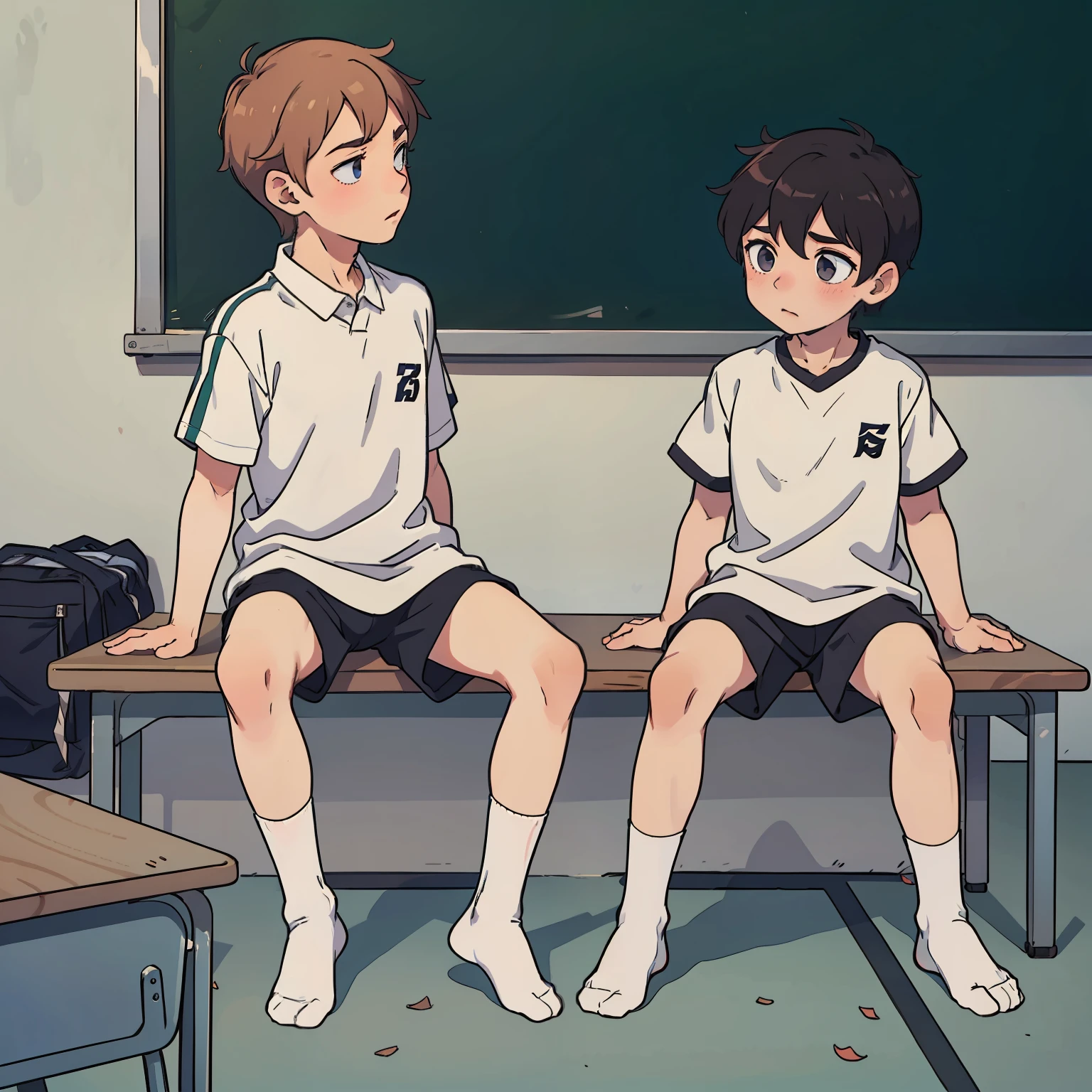 Shota， 2guys，without wearing shoes， White  socks， Sports wear（rot， blanche）， ‎Classroom， kiss， tmasterpiece， k hd