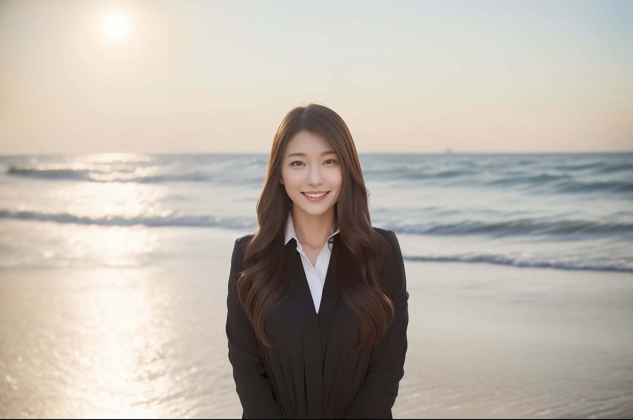 ((top-quality、8K、masterpiece:1.3))、foco nítido:1.2、Perfect Body Beauty:1.4、Slim abs:1.2、((Dark brown long hair、Colossal tits:1.1))、(natural soft light、sea side:1.2)、Highly detailed facial and skin texture、A detailed eye、(二重まぶた)、(((dynamic ungle))),Seaside street corner、Silver thin necklace、drooing eyes、Smiling、White blouses、White button shirt、Gentle expression、Beautie、Wavy Hair、Symbol of the Japan gal、Light makeup