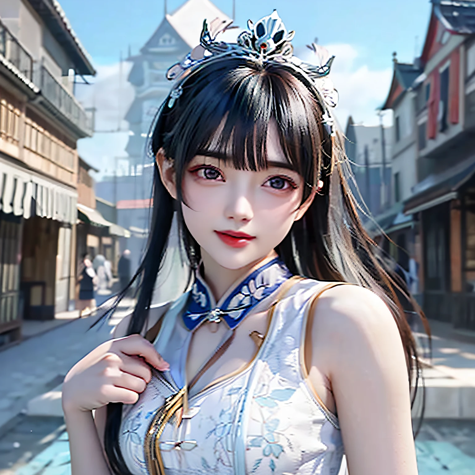 There was a woman in a blue dress,Wear a tie, Palace , A girl in Hanfu, a beautiful fantasy empress, gorgeous chinese models, Chinese style, Guviz-style artwork, cute elegant pose, ((a beautiful fantasy empress)), Chinese girl, Cheongsam, style of wlop, trending on cgstation, author:Fan Qi(PureErosFace_V1: 0.5), (Ulzzang-6500: 0.5), Masterpiece, Best quality, (((Face the lens)),high resolution, Super detailed, (Original photo, Best quality), (Realistic, Realistic: 1.2), Highly detailed, Solo, 1girll, Blue eyes, White skin, Black hair, view the viewer, (Bare shoulders: 1.5), Blue wooden door, Red maple forest, (Silver and cyan clothes: 1.5), (Detailed beautiful face, detailed skin textures, super detailed body: 1.1), There are a lot of decorations on the clothes, intricate headpiece, (crown:1.2), (There are a lot of feather decorations on the head: 1.5),(Backlight:1.2), (Refined face: 1.5),