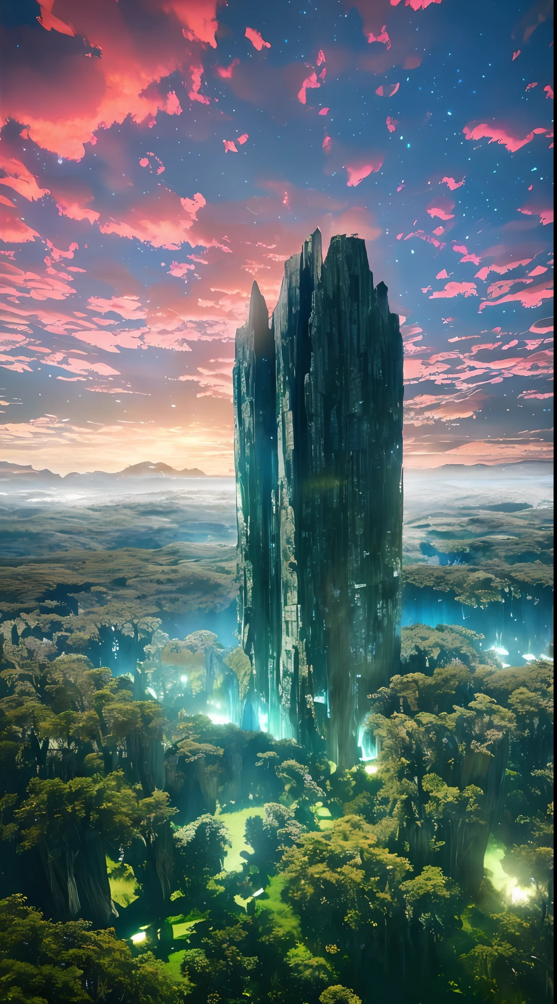 Illustration of a surreal, otherworldly, hyper sky scene including a giant crystal tree full body, highly detailed and magical lighting, intricate forest details, vegetation and surrounding river, solar punk, landscape, giant tree , beautiful green leaves, beautiful lighting and realistic proportions, as if this is a movie background, 8k, highest quality, masterpiece, clouds and stars in the sky.