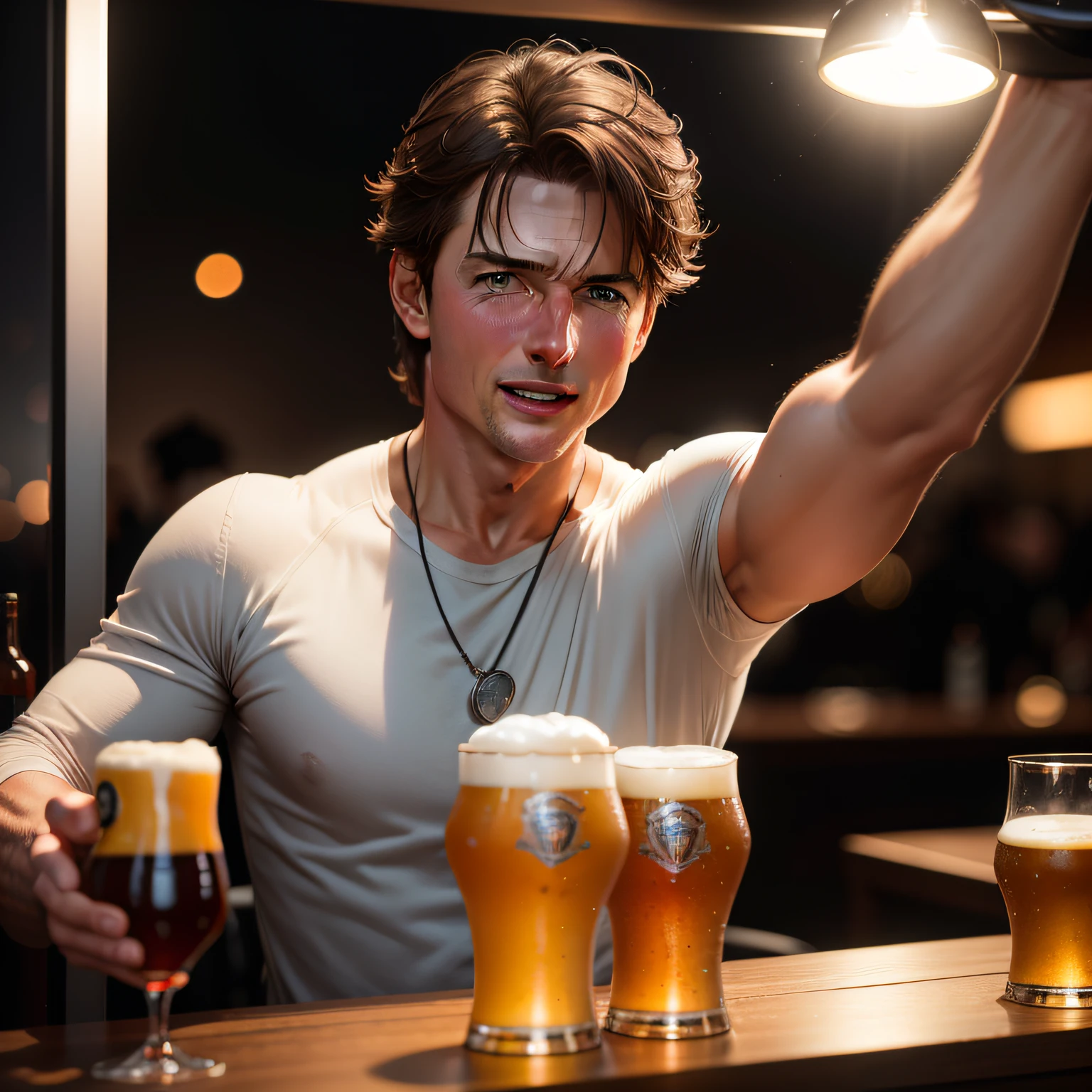 Cinematography launch、Tom Cruise toasting with beer、portlate、Ultra Photographic Quality、８ｋ，