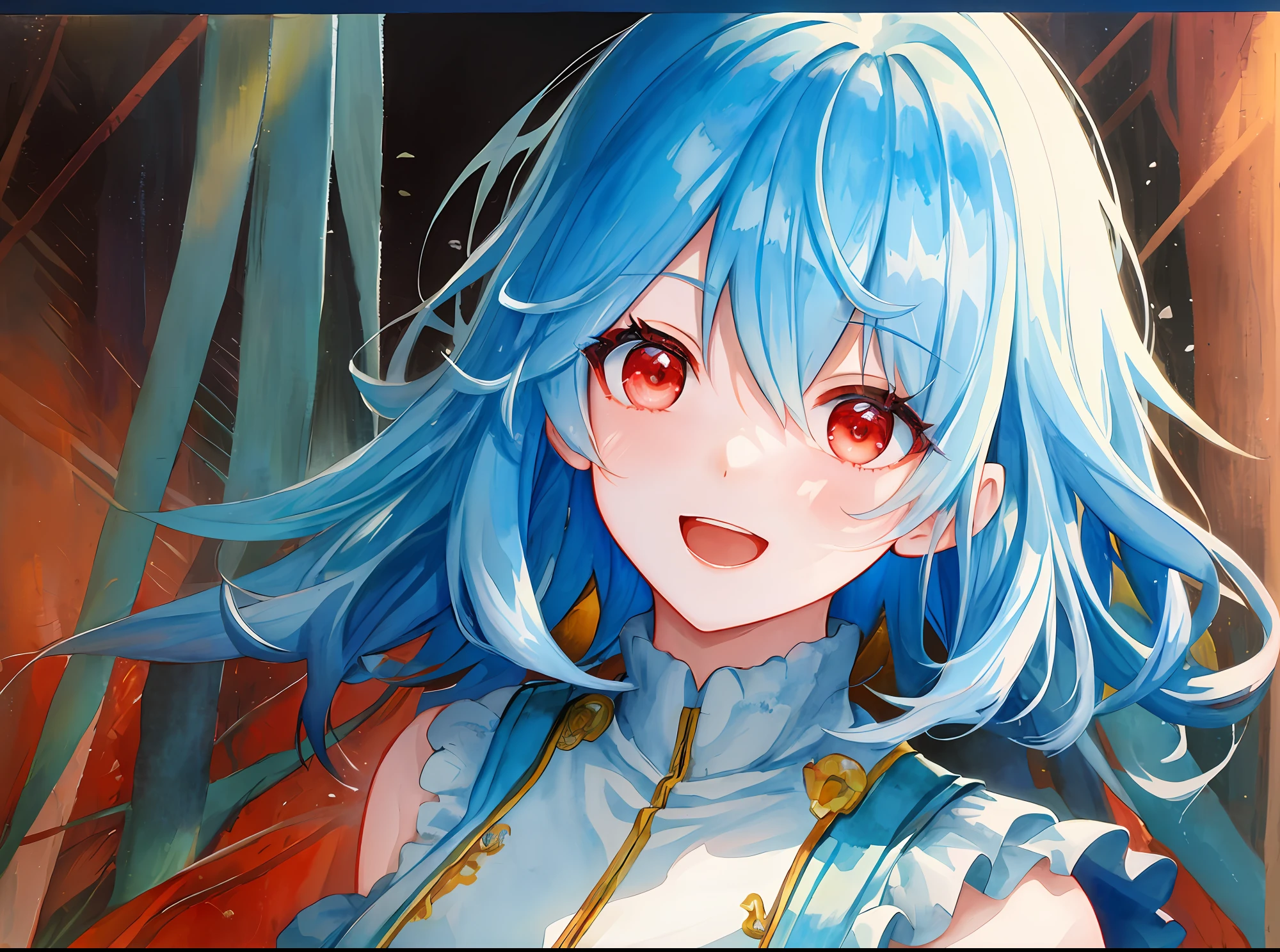 hyper detailed illustration ,superfine illustration, ((((​masterpiece)))), High quality, very_high_resolution, Large_filesize, fulcolor ,Very cute and beautiful girl,Very cute and beautiful anime face and eyes, Very delicate eyes,eye shadow,Female, 年轻,20 years old, Short hair, Solo, 1 girl, pale skin , Only the upper body and head can be seen, Bright red eyes, Light blue hair, Gradient Hair, Open mouth,Smile, Small breasts, Sleeveless dress, arms behind back, watercolor paiting、Beautiful background,waterside