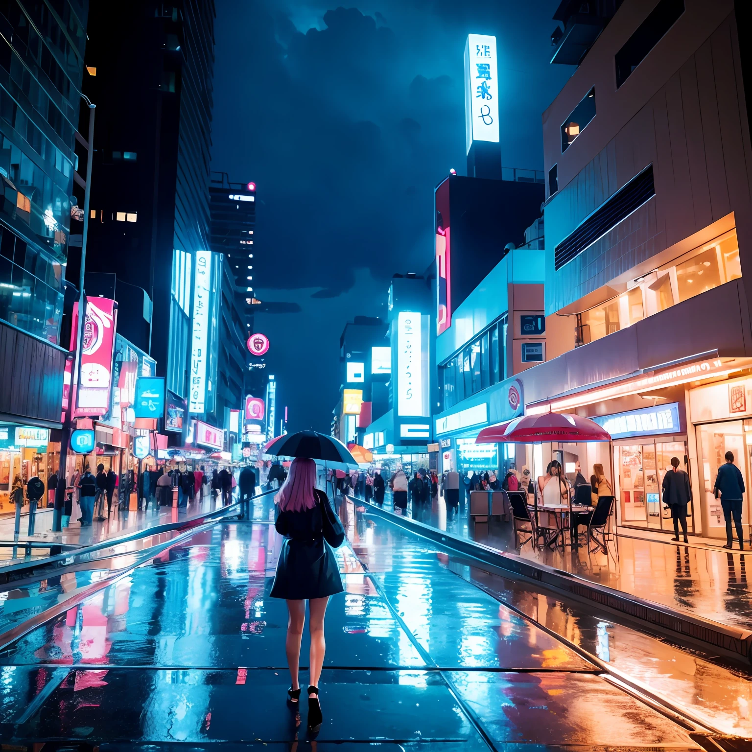 ModernCity，Neon light，After rain，Empty streets，The back of a woman holding an umbrella，Lightning， --auto