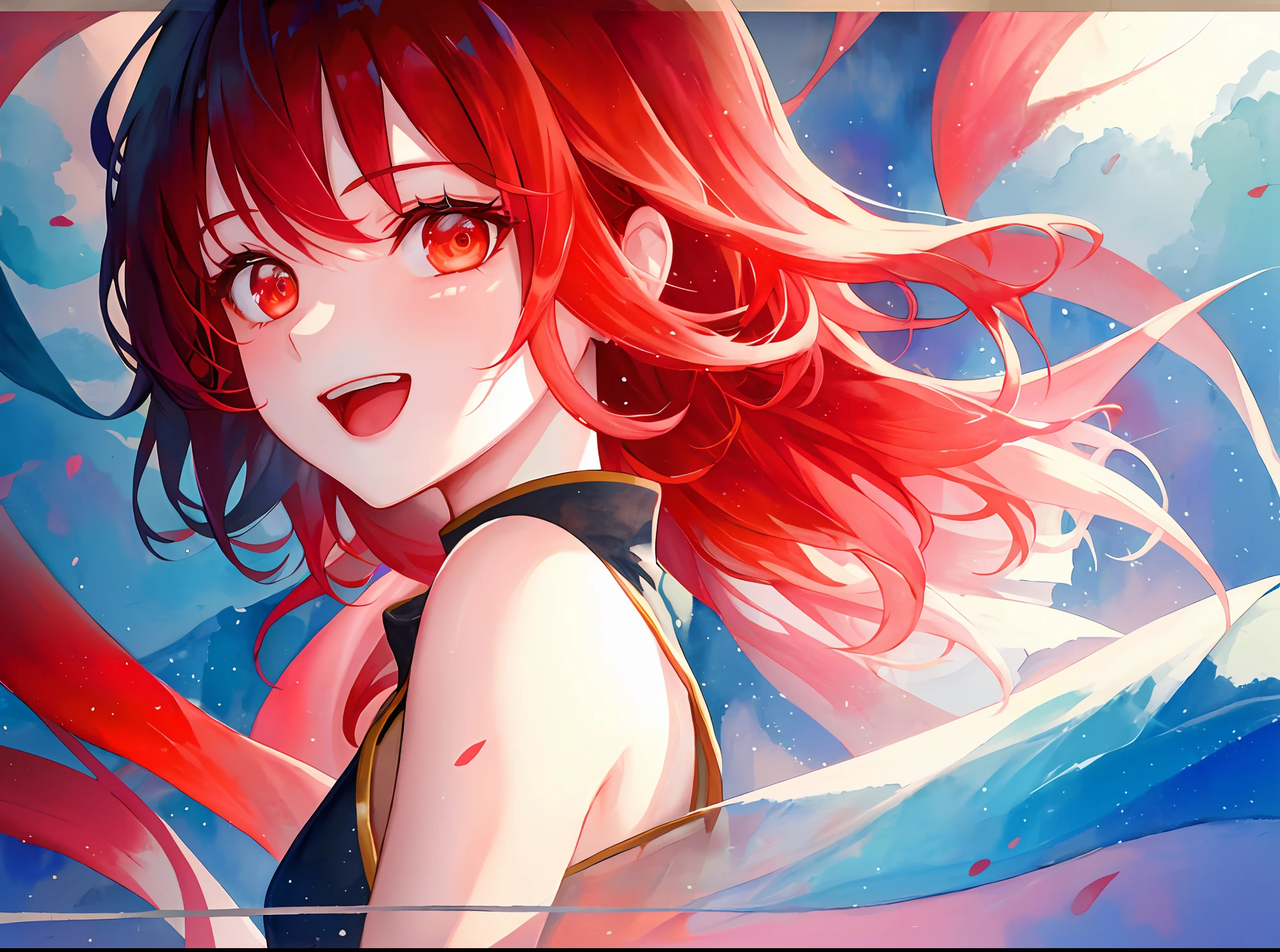 hyper detailed illustration ,superfine illustration, ((((masterpiece)))), High quality, very_high_resolution, Large_filesize, fulcolor ,Very cute and beautiful girl,Very cute and beautiful anime face and eyes, Very delicate eyes,eye shadow,Female, 年轻,20 years old, Short hair, Solo, 1 girl, pale skin , Only the upper body and head can be seen, Bright red eyes, Light blue hair, Gradient Hair, Open mouth,Smile, Small breasts, Sleeveless dress, arms behind back, watercolor paiting、Beautiful background,waterside