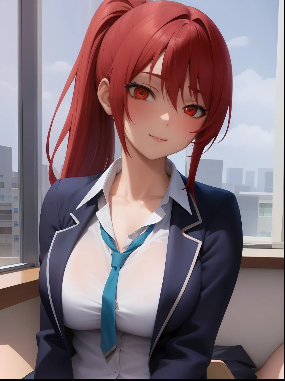 anime girl with red hair and blue tie sitting in front of a window, beautiful anime high school girl, seductive anime girl, attractive anime girl, anime visual of a cute girl, female anime character,realistic schoolgirl, anime best girl,realistic ,ultra detail
