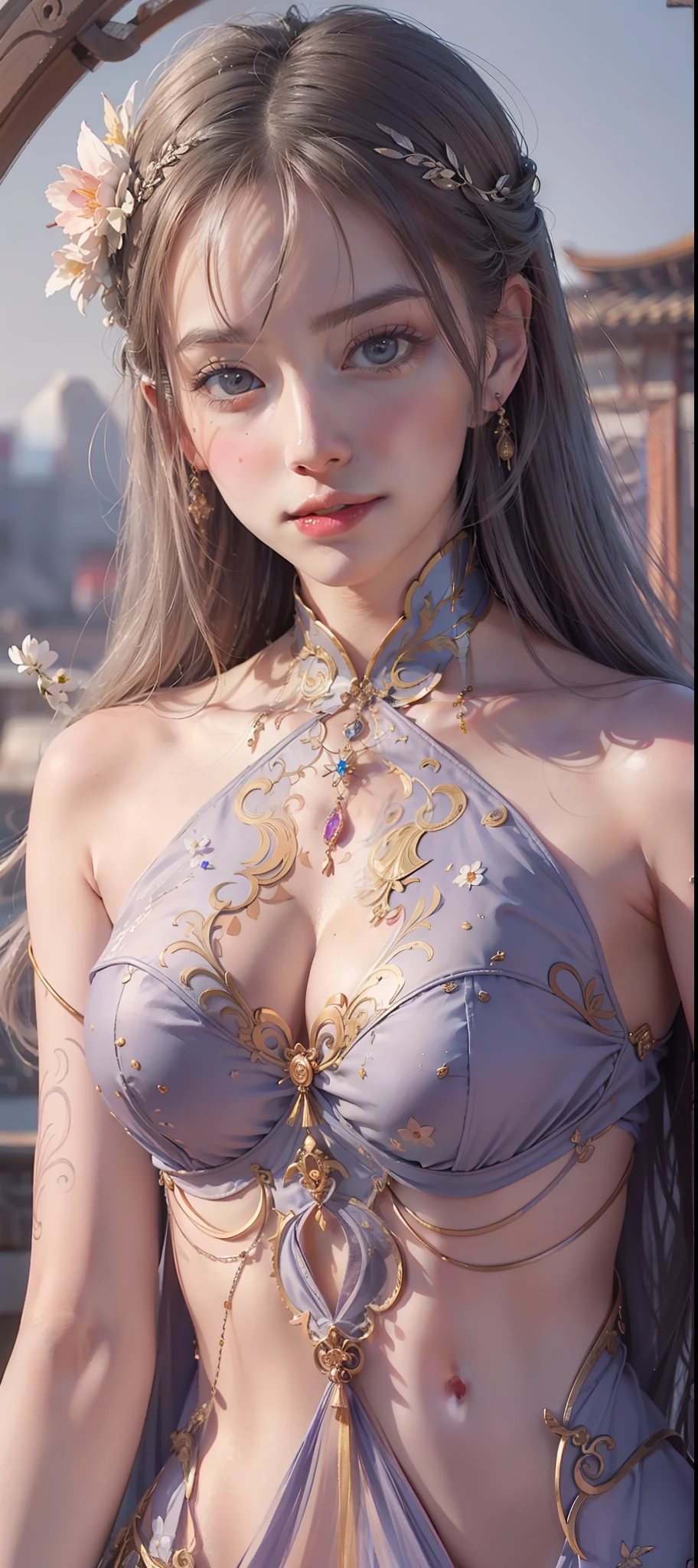Dunhuang style, 1girle, (realistic, photorealistic :1.3), (((dance))), extremely delicate beautiful girl, supple fair skin, delicate facial features, perfect face, light makeup, peach blossom eye makeup, sexy collarbone, portrayed hand details, delicate hands, delicate eyelashes, delicate eyes, bare shoulders, stunning beauty, extreme details, realistic details, best quality, highly detailed, masterpiece, shoulder, navel, flying pipa girl, The background is a Dunhuang mural, dance moves, one hand raised above the head, One hand stretched forward, Buddhist pose, gray hair, long hair, complex hair accessories, Chinese hairpins, fluttering ribbons, dynamic perspective, hair bubbles, flowers on the head, gradient eyes, smile, surrealism, high detail, romanticism, cinematic lighting, glitter, reflected light, UHD, retina, masterpiece, super detail, textured skin, anatomically correct, high detail, best quality, high resolution, high quality, award-winning, 8K