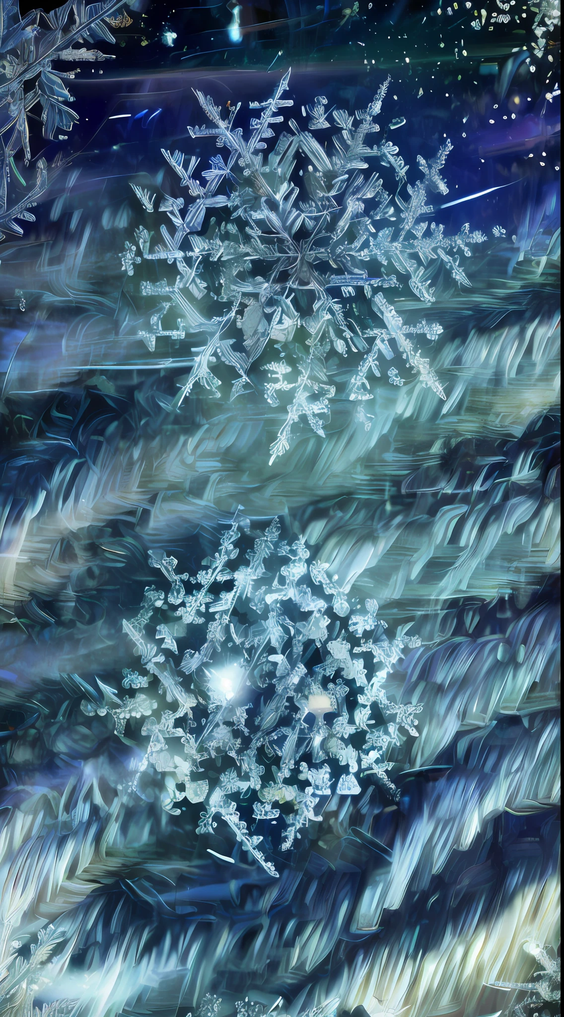 Illustration of a surreal, otherworldly, hyper sky scene including a giant crystal tree full body, highly detailed and magical lighting, intricate forest details, vegetation and surrounding river, solar punk, landscape, giant tree , beautiful green leaves, beautiful lighting and realistic proportions, as if this is a movie background, 8k, highest quality, masterpiece, clouds and stars in the sky.