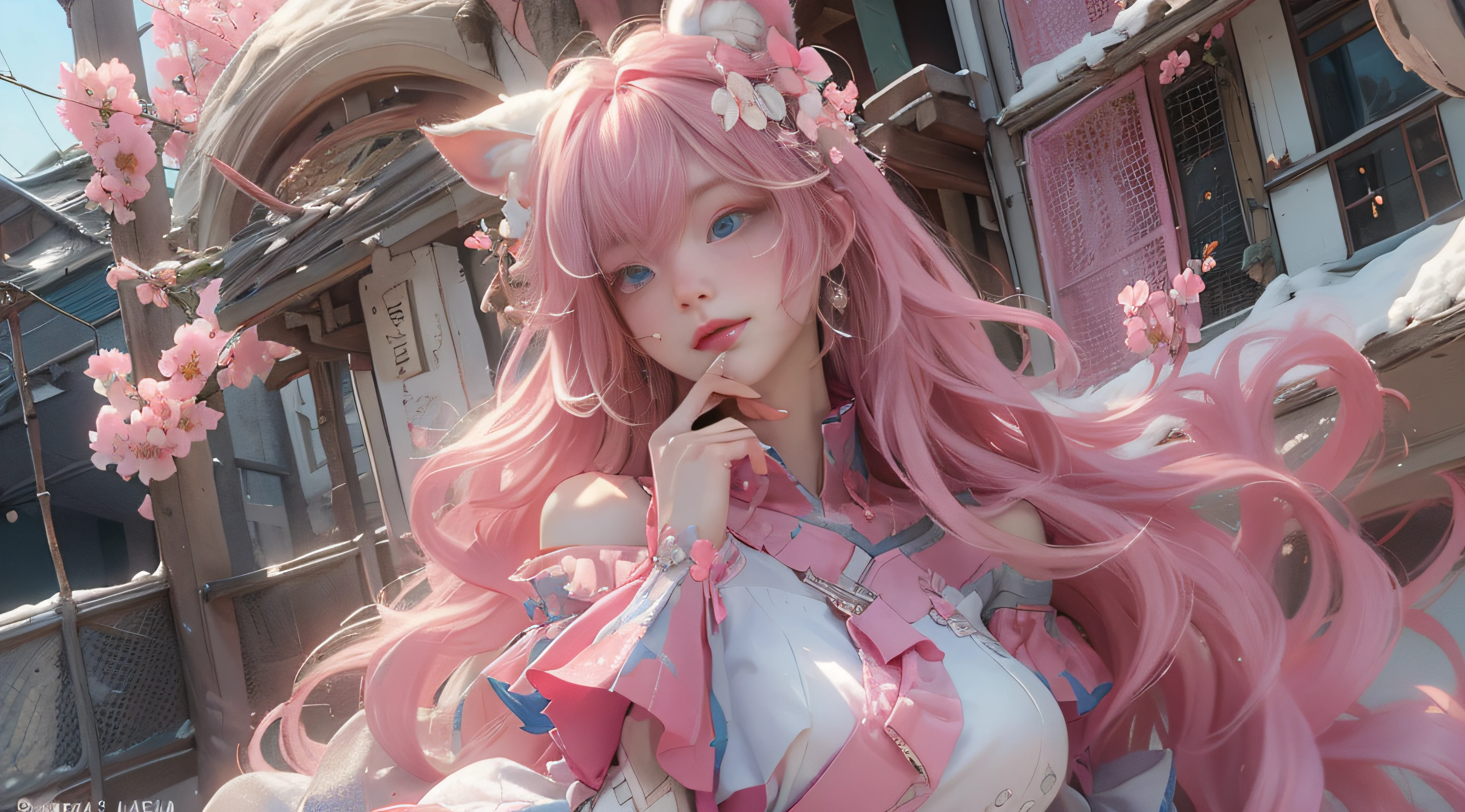 ((best qualtiy)), ((tmasterpiece)), (detail:1.4), Beautiful cyberpunk female images,hdr(HighDynamicRange),Ray traching,NVIDIA RTX,Hyper-Resolution,illusory 5,sub surface scattering,PBR textures,post-proces,Anisotropy Filtering,depth of fields,maximum definition and sharpness,Many-Layer Textures,Albedo e mapas Speculares,Surface coloring,Mitsu-Accurate simulation of material interactions,perfectly proportioned,rendering by octane,Two-colored light,largeaperture,Low ISO,White balance,Rule three points、8K raw data、Beautiful bright blue pupils,off-the-shoulder clothes,Fine pupils,Delicate face and eyes,long eyelasher,Blushlush,Delicate and fluffy hair,pink lip,Pure,Cute face,Sweet girl,Artistic sense,Casual wear,Advancedsense,butterflys,Cherry blossom petal,Beautiful hair accessories,Long hair and waist,Hair fluttering in the wind,Snow-white fox ears,curlies,Lots of white and pink,Complicated details