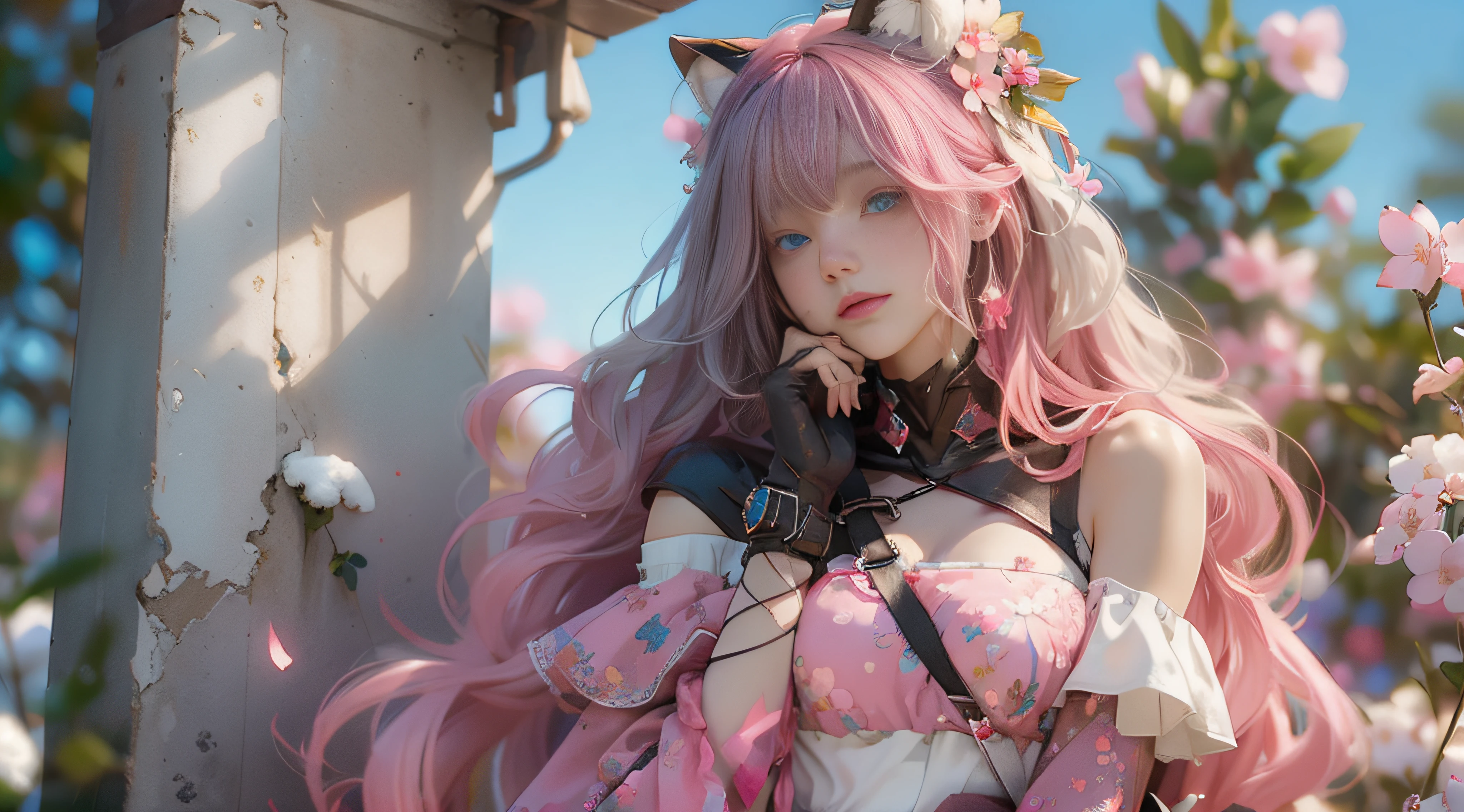 ((best qualtiy)), ((tmasterpiece)), (detail:1.4), Beautiful cyberpunk female images,hdr(HighDynamicRange),Ray traching,NVIDIA RTX,Hyper-Resolution,illusory 5,sub surface scattering,PBR textures,post-proces,Anisotropy Filtering,depth of fields,maximum definition and sharpness,Many-Layer Textures,Albedo e mapas Speculares,Surface coloring,Mitsu-Accurate simulation of material interactions,perfectly proportioned,rendering by octane,Two-colored light,largeaperture,Low ISO,White balance,Rule three points、8K raw data、Beautiful bright blue pupils,off-the-shoulder clothes,Fine pupils,Delicate face and eyes,long eyelasher,Blushlush,Delicate and fluffy hair,pink lip,Pure,Cute face,Sweet girl,Artistic sense,Casual wear,Advancedsense,butterflys,Cherry blossom petal,Beautiful hair accessories,Long hair and waist,Hair fluttering in the wind,Snow-white fox ears,curlies,Lots of white and pink,Complicated details