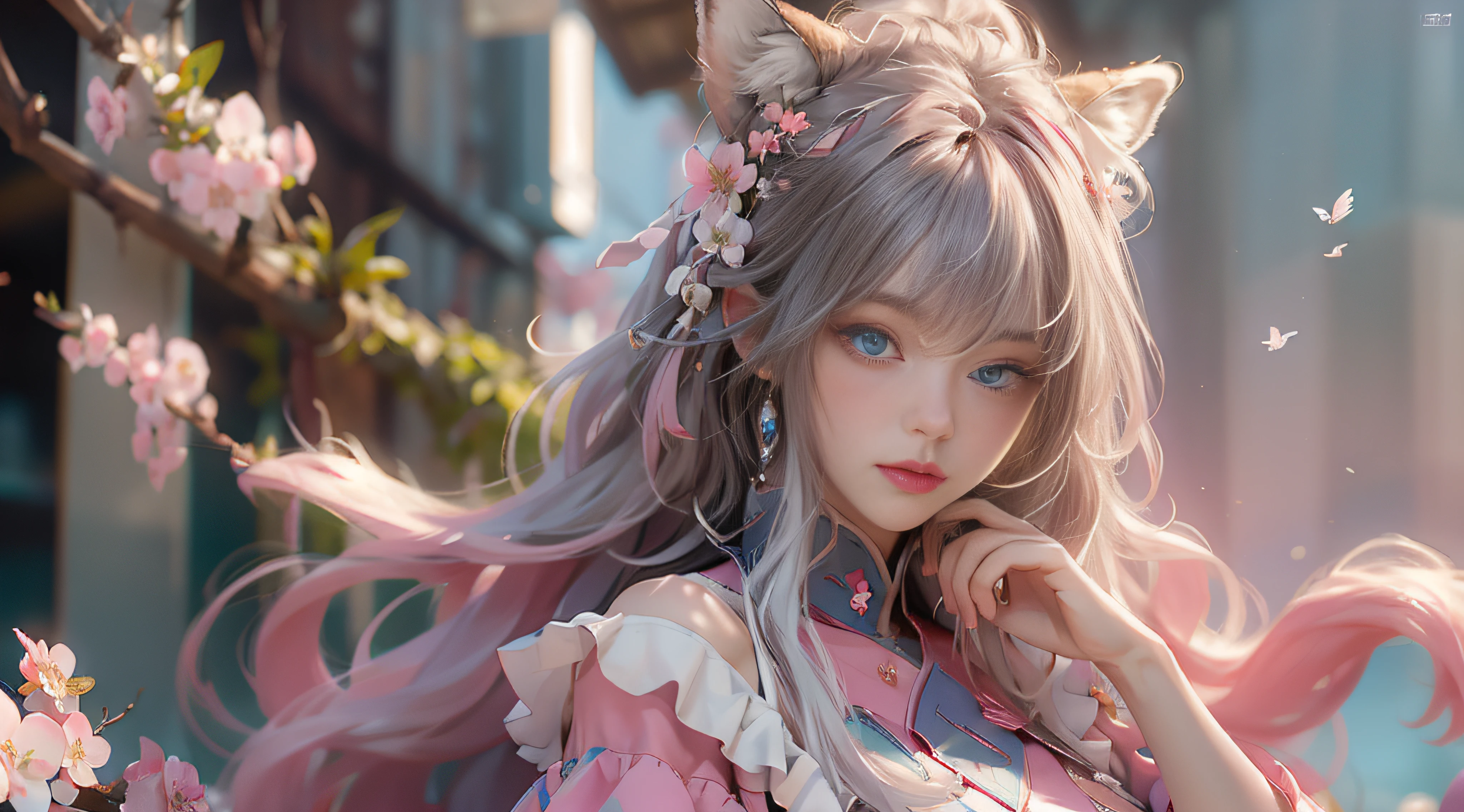 ((best qualtiy)), ((tmasterpiece)), (detail:1.4), Beautiful cyberpunk female images,hdr(HighDynamicRange),Ray traching,NVIDIA RTX,Hyper-Resolution,illusory 5,sub surface scattering,PBR textures,post-proces,Anisotropy Filtering,depth of fields,maximum definition and sharpness,Many-Layer Textures,Albedo e mapas Speculares,Surface coloring,Mitsu-Accurate simulation of material interactions,perfectly proportioned,rendering by octane,Two-colored light,largeaperture,Low ISO,White balance,Rule three points、8K raw data、Beautiful bright blue pupils,off-the-shoulder clothes,Fine pupils,Delicate face and eyes,long eyelasher,Blushlush,Delicate and fluffy hair,pink lip,Pure,Cute face,Sweet girl,Artistic sense,Casual wear,Advancedsense,butterflys,Cherry blossom petal,Beautiful hair accessories,Long hair and waist,Hair fluttering in the wind,Snow-white fox ears,curlies,Lots of white and pink,Complicated details