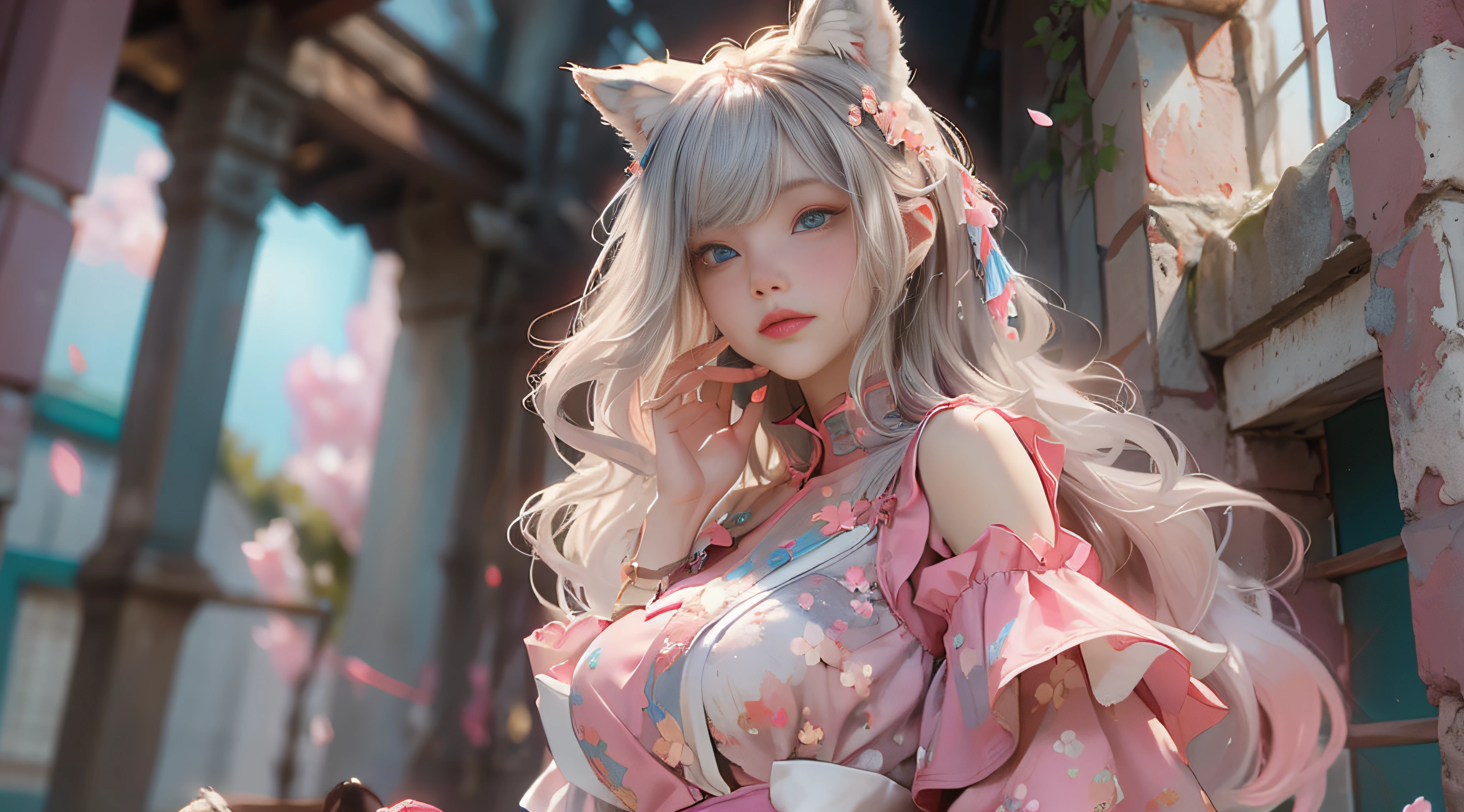 ((best qualtiy)), ((tmasterpiece)), (detail:1.4), Beautiful cyberpunk female images,hdr(HighDynamicRange),Ray traching,NVIDIA RTX,Hyper-Resolution,illusory 5,sub surface scattering,PBR textures,post-proces,Anisotropy Filtering,depth of fields,maximum definition and sharpness,Many-Layer Textures,Albedo e mapas Speculares,Surface coloring,Mitsu-Accurate simulation of material interactions,perfectly proportioned,rendering by octane,Two-colored light,largeaperture,Low ISO,White balance,Rule three points、8K raw data、Beautiful bright blue pupils,off-the-shoulder clothes,Fine pupils,Delicate face and eyes,long eyelasher,Blushlush,Delicate and fluffy hair,pink lip,Pure,Cute face,Sweet girl,Artistic sense,Casual wear,Advancedsense,butterflys,Cherry blossom petal,Beautiful hair accessories,Long hair and waist,Hair fluttering in the wind,Snow-white fox ears,curlies,Lots of white and pink,Complicated details