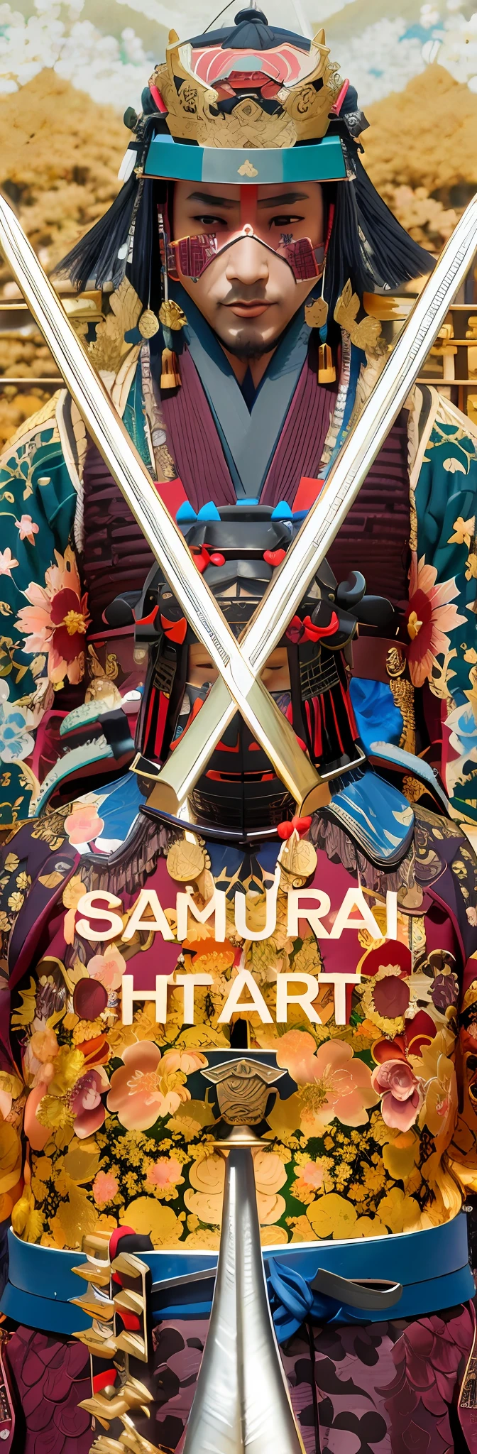 There is a large statue of a man holding two swords,Dressed in samurai costumes and armor,Small cherry blossoms fall around。