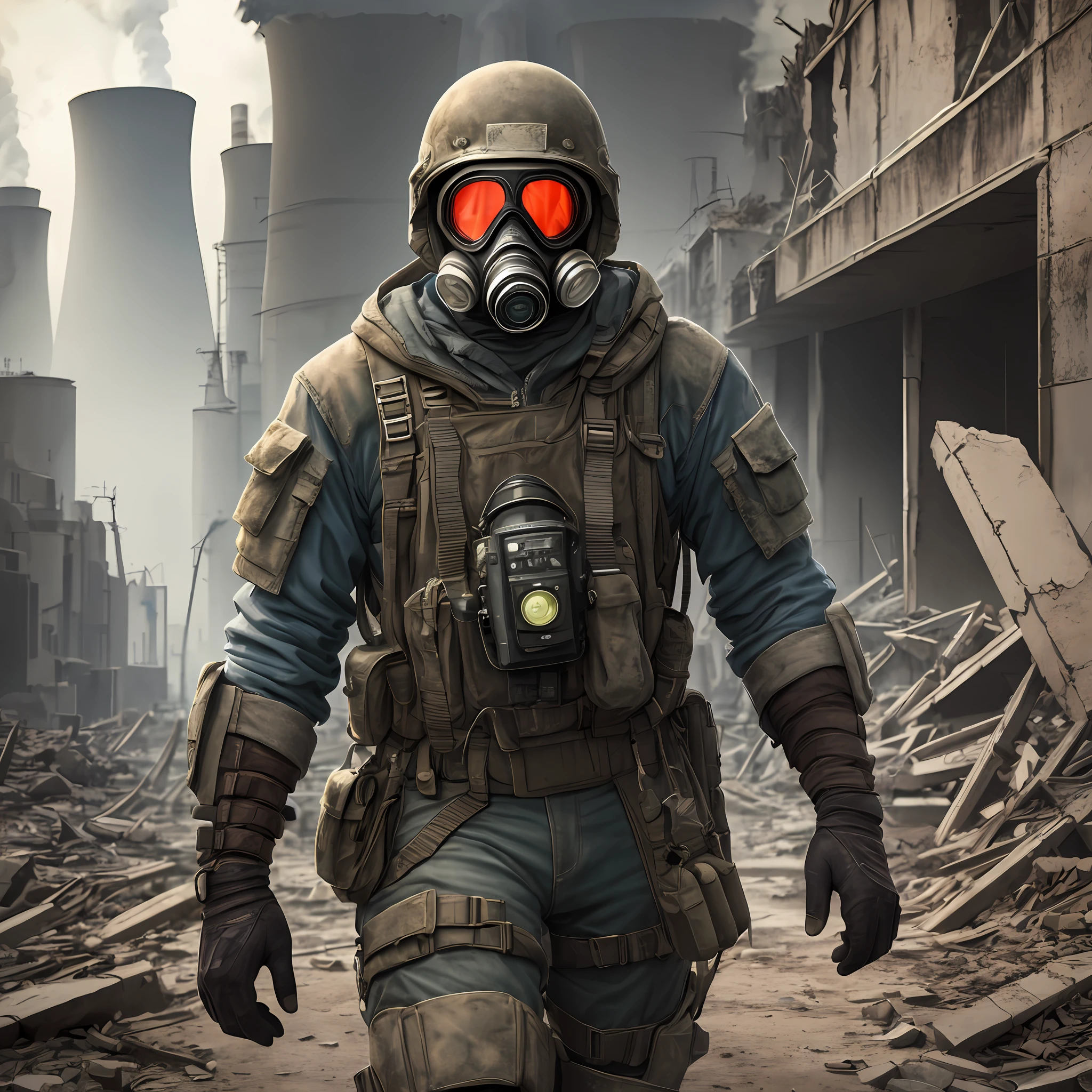 full shot, one male raider in a protective suit and gas mask walks through the ruins of a nuclear power plant, front camera view, high detail, clear focus, dramatic light, post-apocalyptic atmosphere, hdr, 32k, dslr camera, joe bussenik style -- ar 5:4 --auto --s2