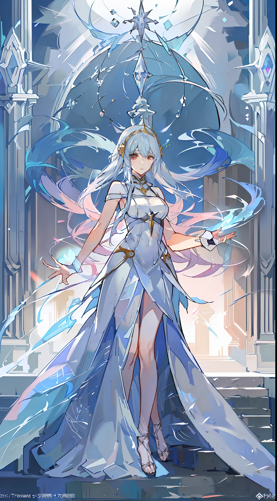 Anime girl standing on platform with staff and white dress, Anime goddess, Goddess of Light, ice sorceress, Beautiful celestial mage, ethereal anime, beautiful fantasy anime, high detailed official artwork, Anime fantasy illustration, queen of ice and storm, ((a beautiful fantasy empress)), trending on artstation pixiv, Goddess. Extremely high detail