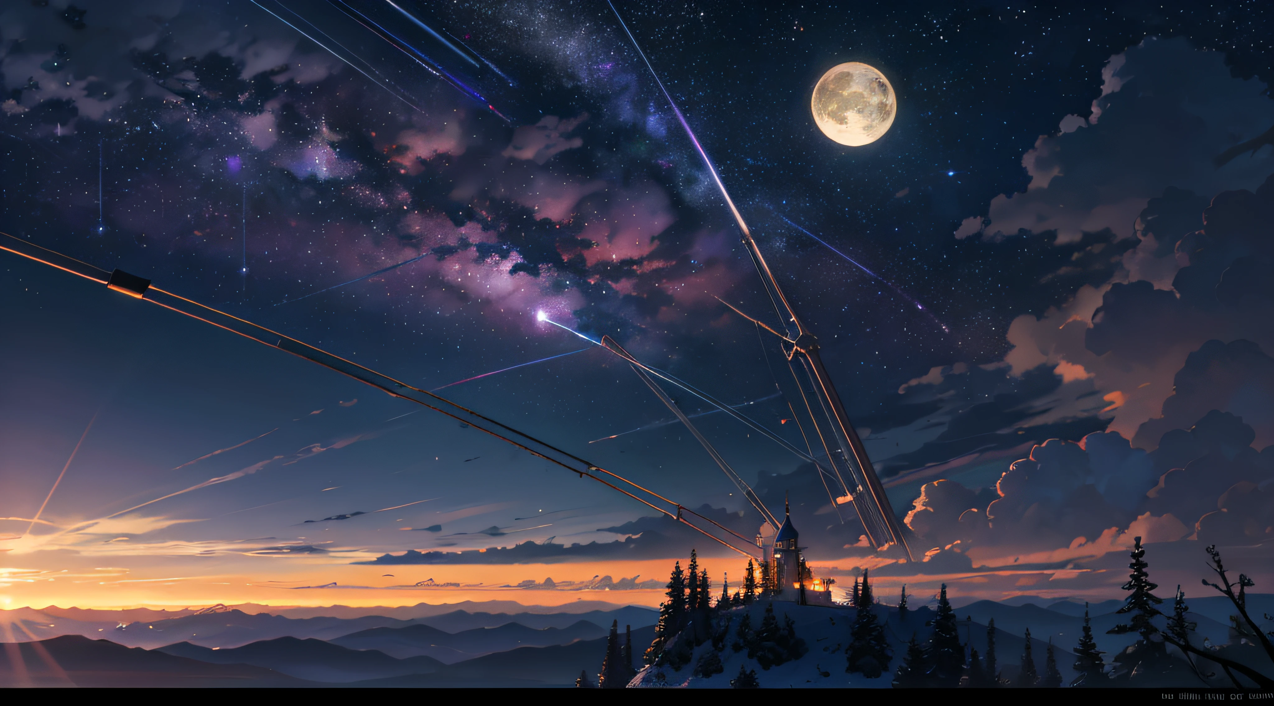 Expansive landscape photograph，（moon full：1.2），（meteors：0.9），（Starcloud：1.3），（Warm light source：1.2），（glowworm：1.2），lamp lights，Lots of purple and orange，Complicated details，Volumetriclighting，Realism BREAK（tmasterpiece：1.2），（best qualtiy），8K，Ultra-detailed，（dynamic compositions：1.4），The is very detailed，Colorful details，（Irridescent color：1.2），（luminouslighting，Atmospheric lighting），dream magical，magical，（独奏：1.2），（（best qualtiy））， （（tmasterpiece））， （the detail：1.4），depth of fields，maximum definition and sharpness，perfectly proportions，Fluttering clouds，Wallpapers