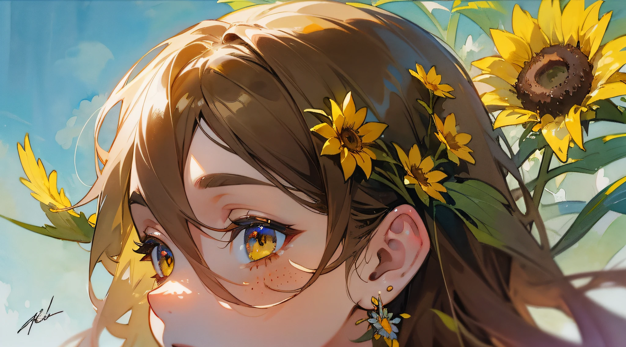 (aquarelle:1.2),1girl in, 独奏, florals, Sun flower,hitornfreckles, portraitures, fronds, bangss, signed, yellow flower, brown haired, length hair, verd s eyes, hair between eye, Flower earrings, Seen from the side, Turn around