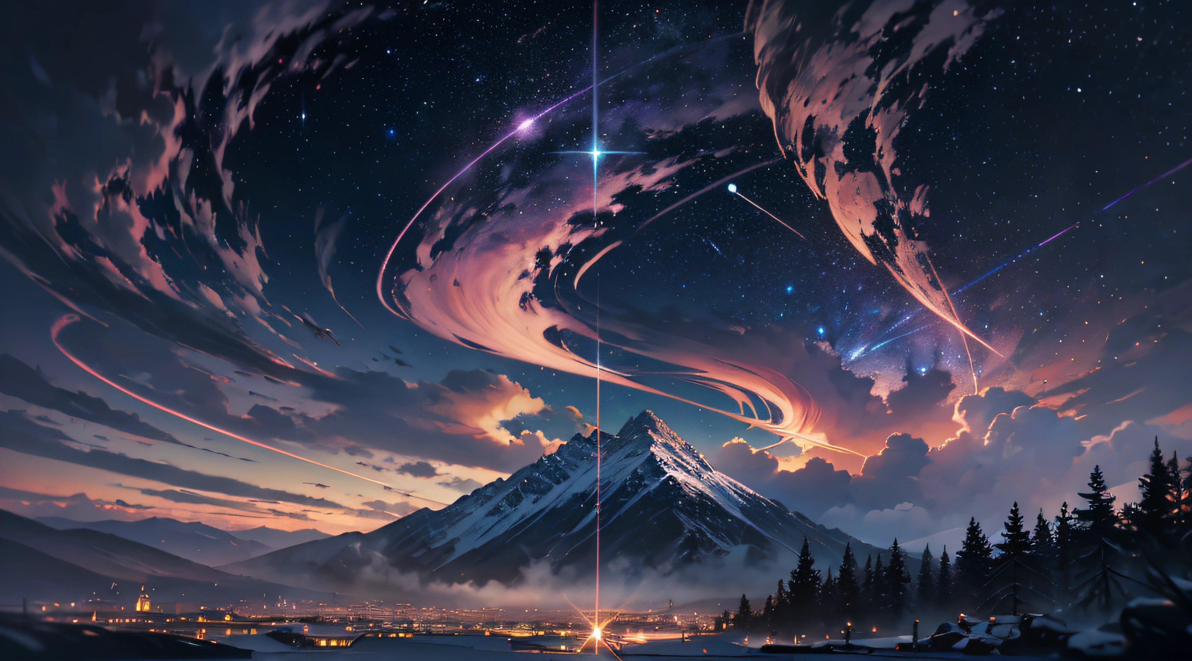 Expansive landscape photograph，（moon full：1.2），（meteors：0.9），（Starcloud：1.3），（Warm light source：1.2），（glowworm：1.2），lamp lights，Lots of purple and orange，Complicated details，Volumetriclighting，Realism BREAK（tmasterpiece：1.2），（best qualtiy），8K，Ultra-detailed，（dynamic compositions：1.4），The is very detailed，Colorful details，（Irridescent color：1.2），（luminouslighting，Atmospheric lighting），dream magical，magical，（独奏：1.2），（（best qualtiy））， （（tmasterpiece））， （the detail：1.4），depth of fields，maximum definition and sharpness，perfectly proportions，Fluttering clouds，Wallpapers
