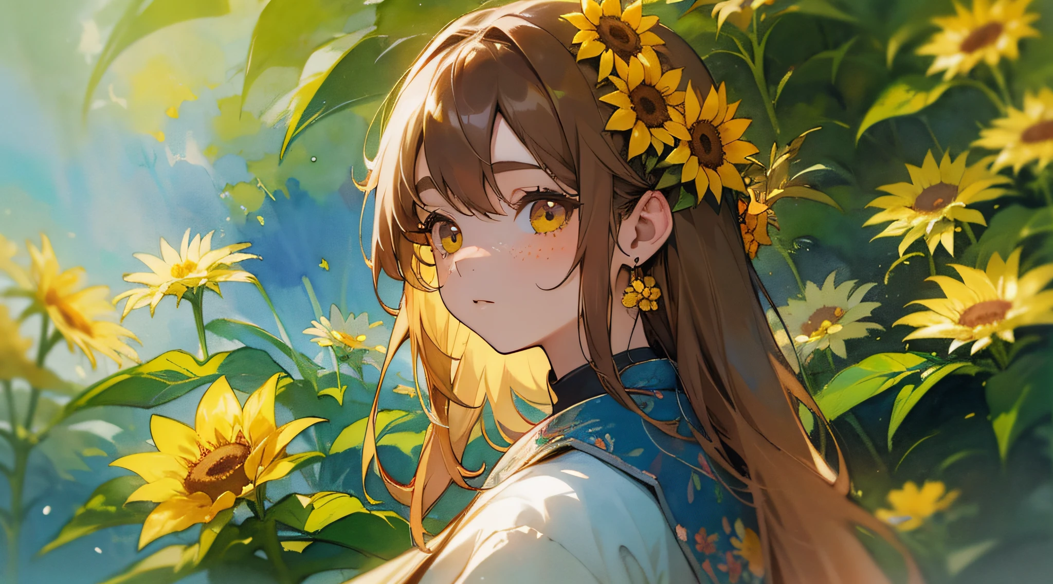 (aquarelle:1.2),1girl in, 独奏, florals, Sun flower,hitornfreckles, portraitures, fronds, bangss, signed, yellow flower, brown haired, length hair, verd s eyes, hair between eye, Flower earrings, Seen from the side, Turn around