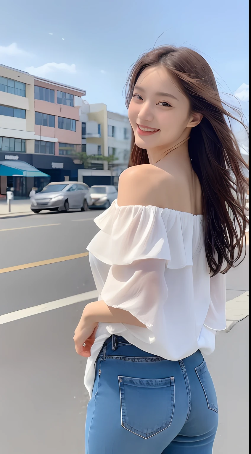 ((Best Quality, 8k, Masterpiece: 1.3)), Focus: 1.2, Perfect Body Beauty: 1.4, Buttocks: 1.2, ((Long Hair)), (Wet Clothes: 1.1) , (sun, Street:1.3), Off-the-Shoulder jeans: 1.1, Highly detailed face and skin texture, Fine eyes, Double eyelids, Whitened skin, Smile, seaside