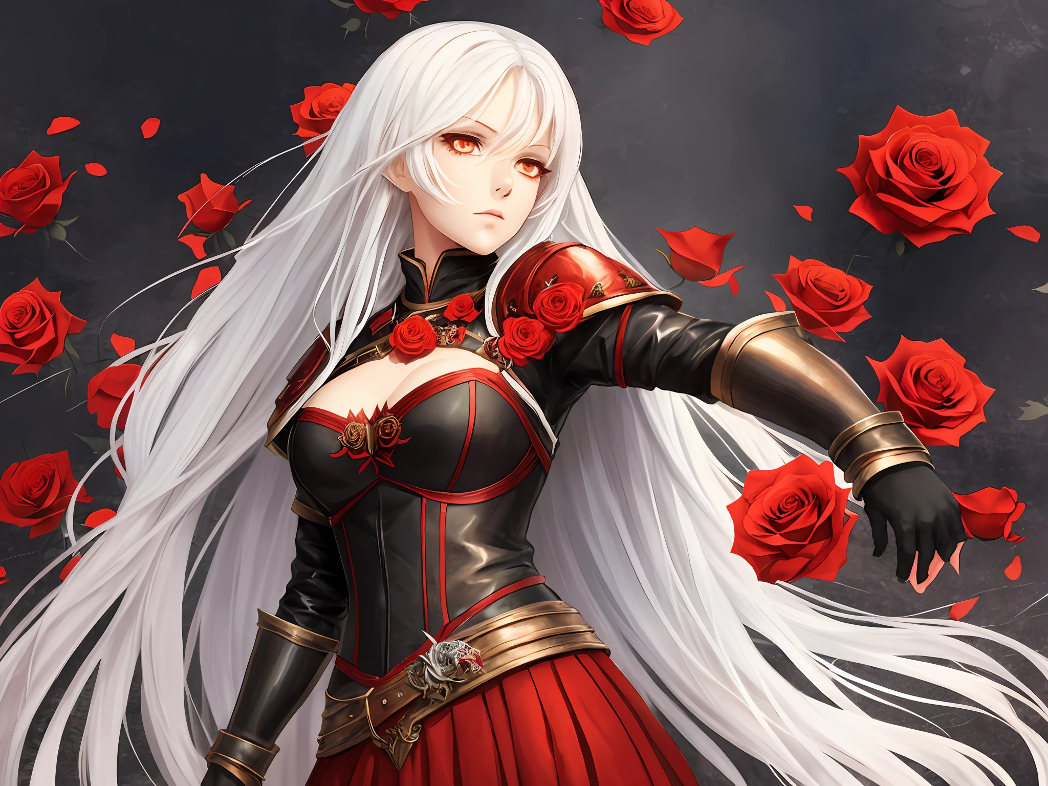 fully body character female figure, background, red roses, medieval fantasy, black leather armor, gothic, red eyes, long white hair, ivory skin, nobility --auto --s2