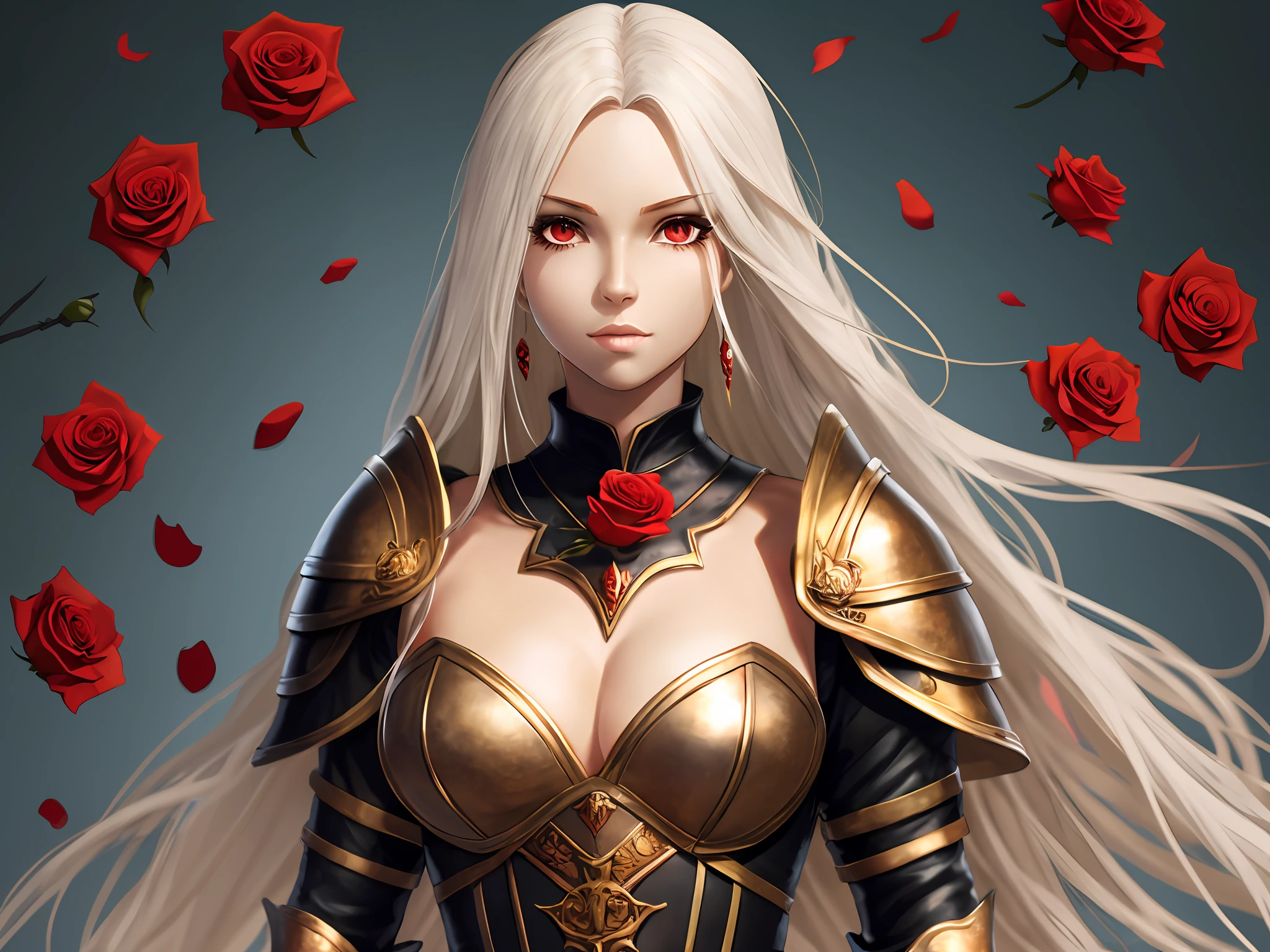 fully body character female figure, background, red roses, medieval fantasy, black leather armor, gothic, red eyes, long white hair, ivory skin, nobility --auto --s2