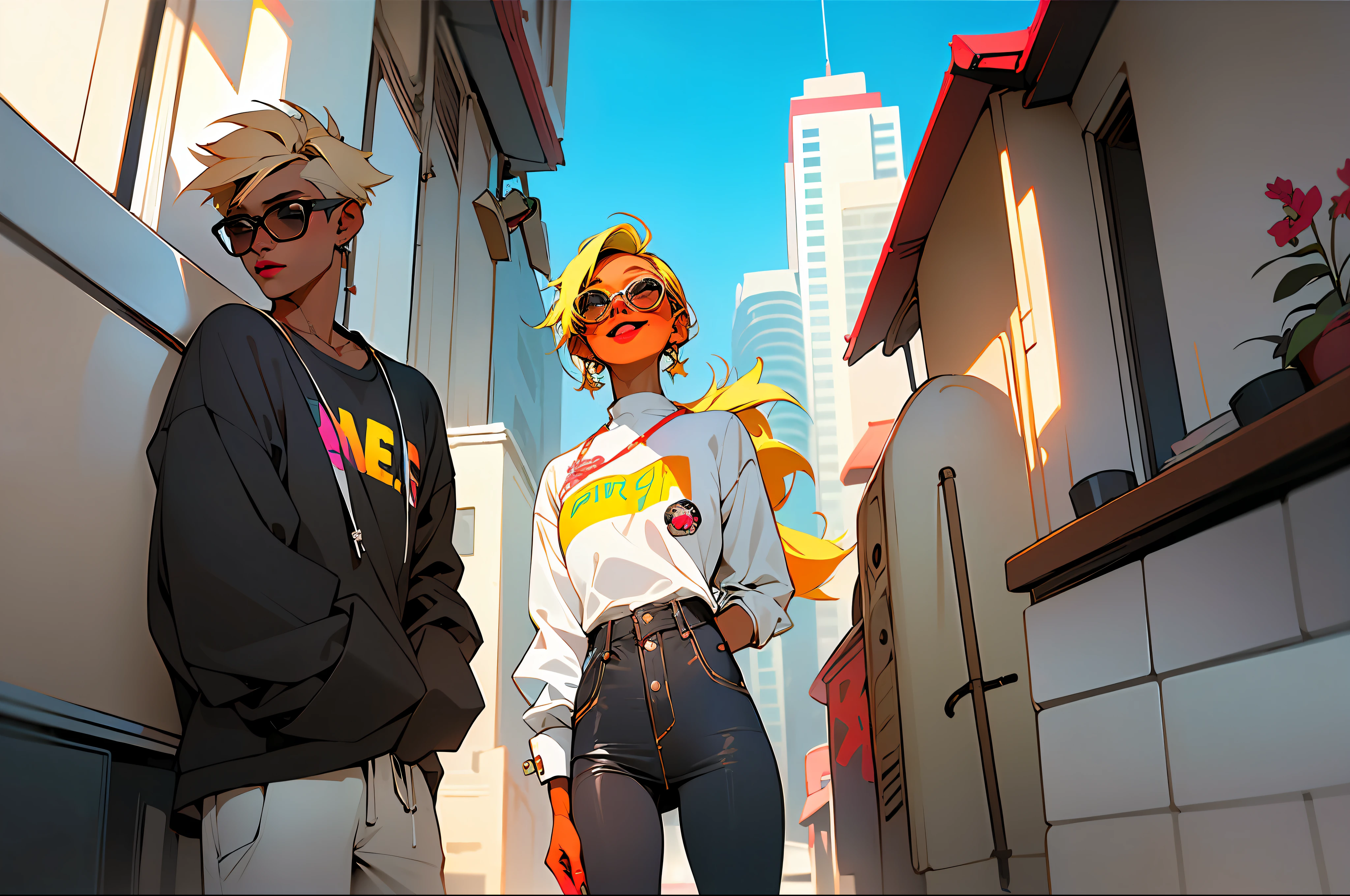 master part,(master part, Qualidade Superior, best quality),1girl, jewelries, cabelos longos, blonde hair, sozinho, camisa, Brincos, Pants, sorrir, motor vehicle, Gargantilha, sun glasses, Olhando para o Viewer, pulseira, carro, planta, high-waisted pants, ground vehicle, sentado, ao ar livre, dia, seios, camisa vermelha, dark skinned female, tinted eyewear, mangas compridas, Building, pele escura, clivagem, separated-lips, brincos de argola, Round Eyewear, estampa floral, white pant, camisa enfiada, colar, sorriso, gargantilha preta, colar,